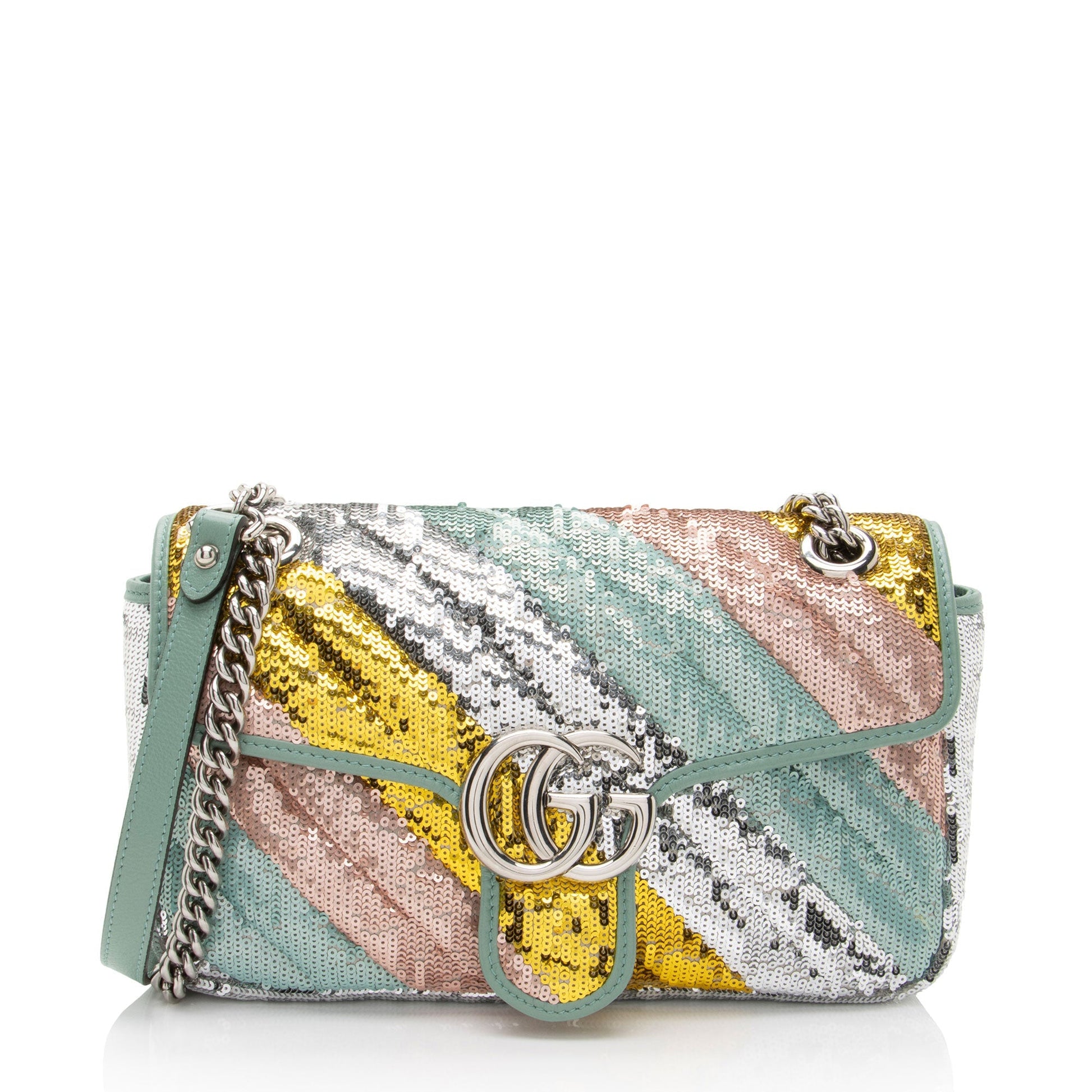 Gucci Sequin GG Marmont Flap Matelasse Leather Pink Green Crossbody Bag