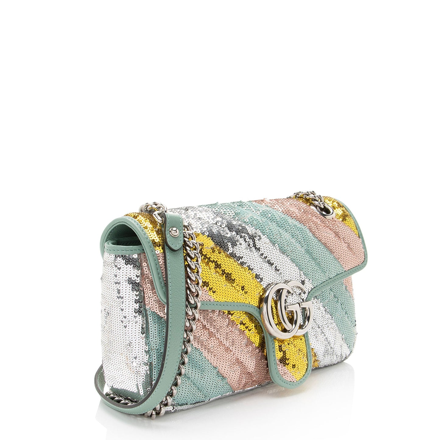 Gucci Sequin GG Marmont Flap Matelasse Leather Pink Green Crossbody Bag