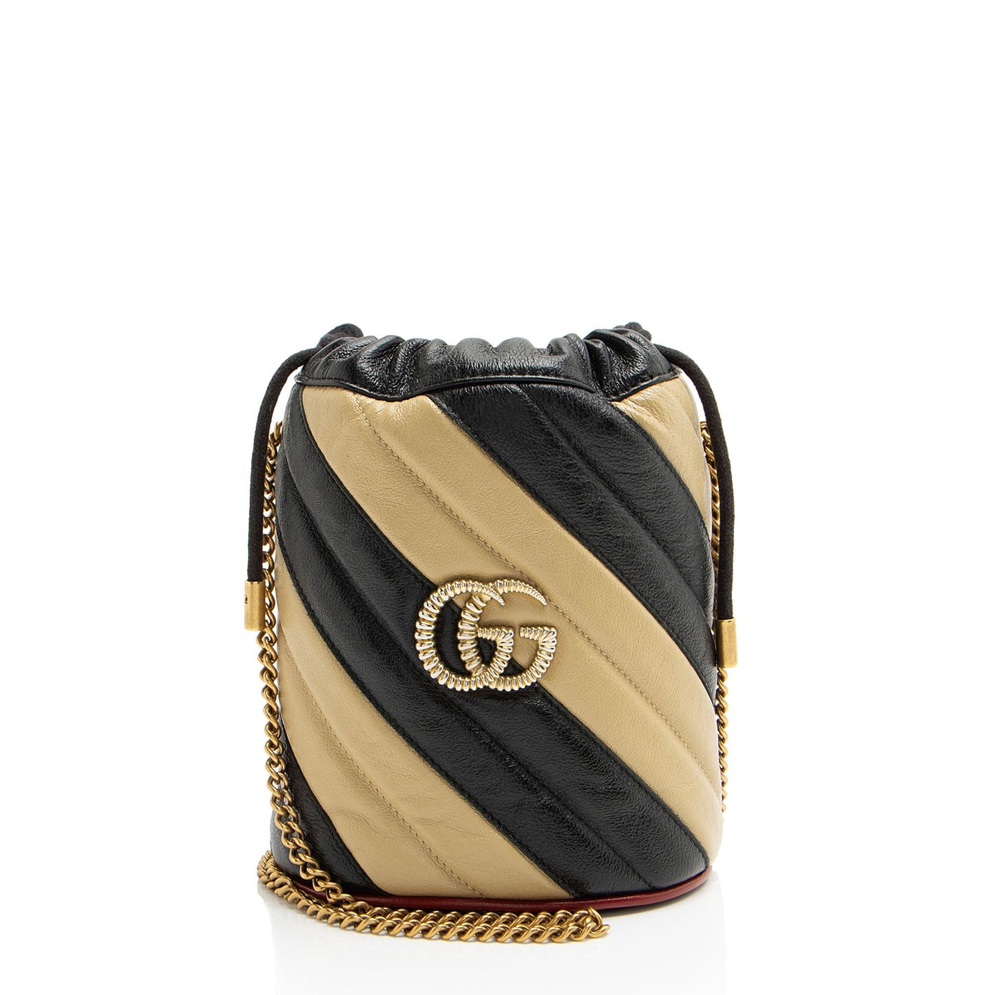 Gucci Striped GG Marmont 2.0 Bucket Matelasse Leather Black Brown Crossbody Bag