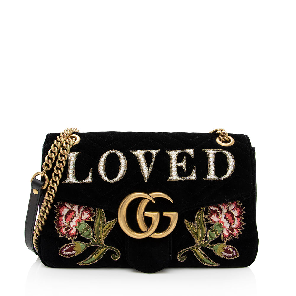 Gucci Velvet Embroidered Loved Floral GG Matelasse Black Medium Marmont Crossbody Bag