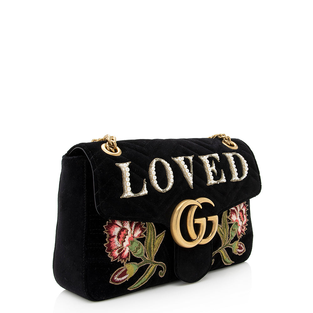 Gucci Velvet Embroidered Loved Floral GG Matelasse Black Medium Marmont Crossbody Bag