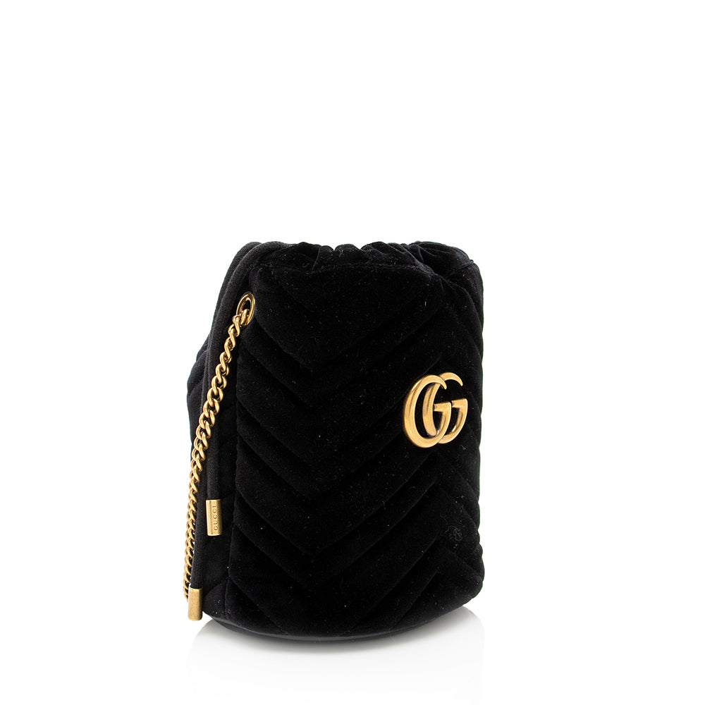 Gucci Velvet GG Marmont SHF Matelasse Black Mini Bucket Crossbody Bag