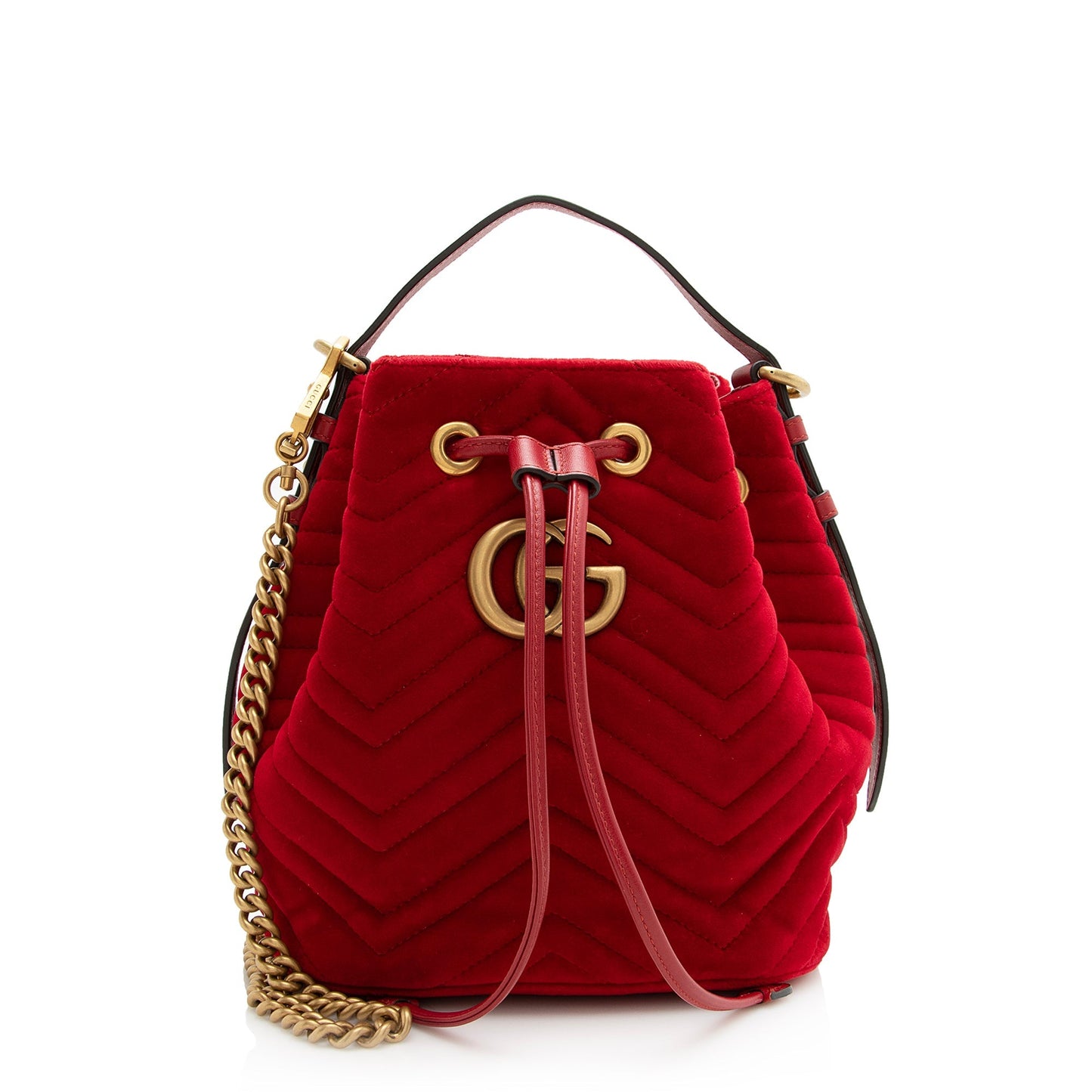 Gucci Velvet GG Marmont SHF Matelasse Leather Red Bucket Crossbody Bag