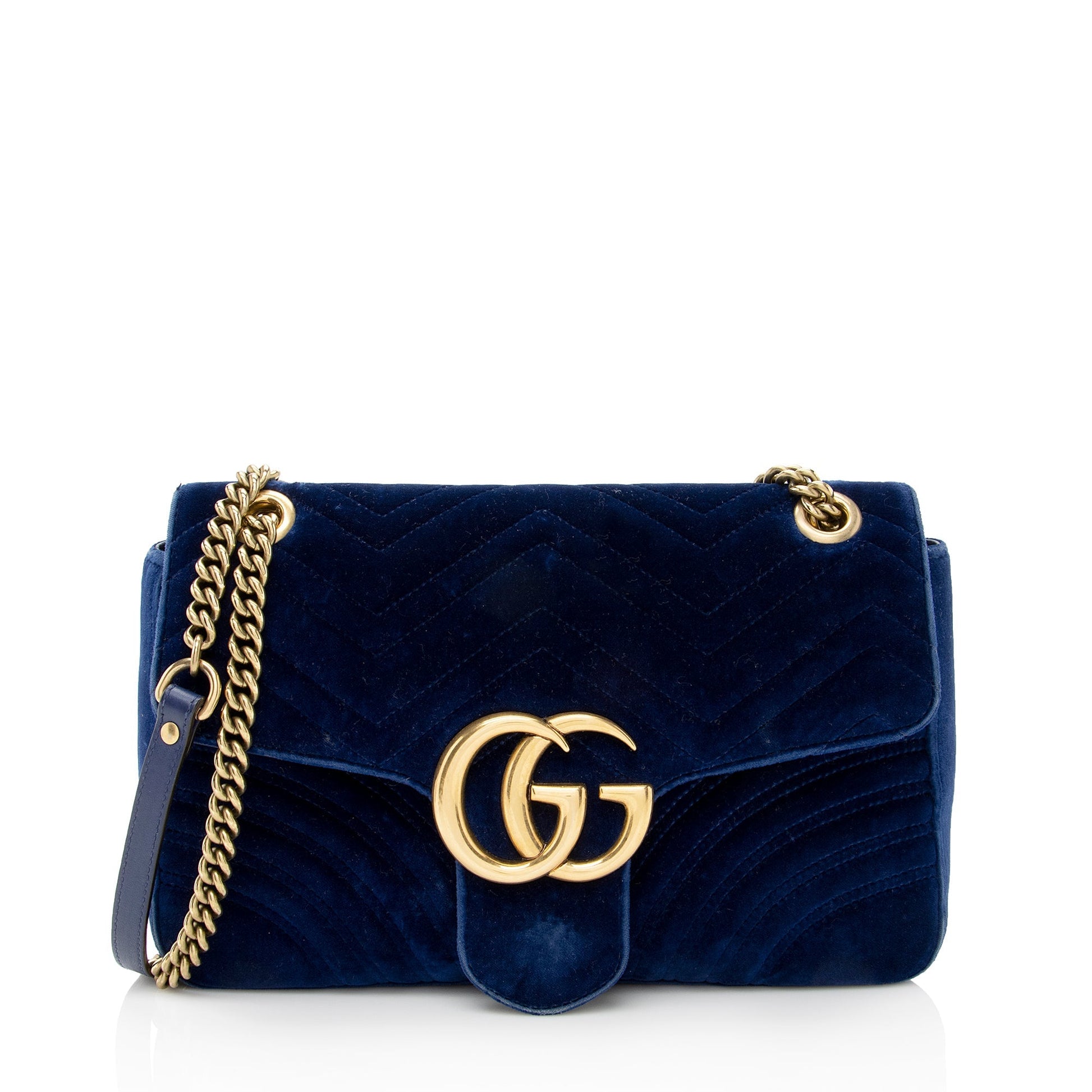 Gucci Velvet GG Marmont SHF Matelasse Leather Blue Medium Crossbody Bag