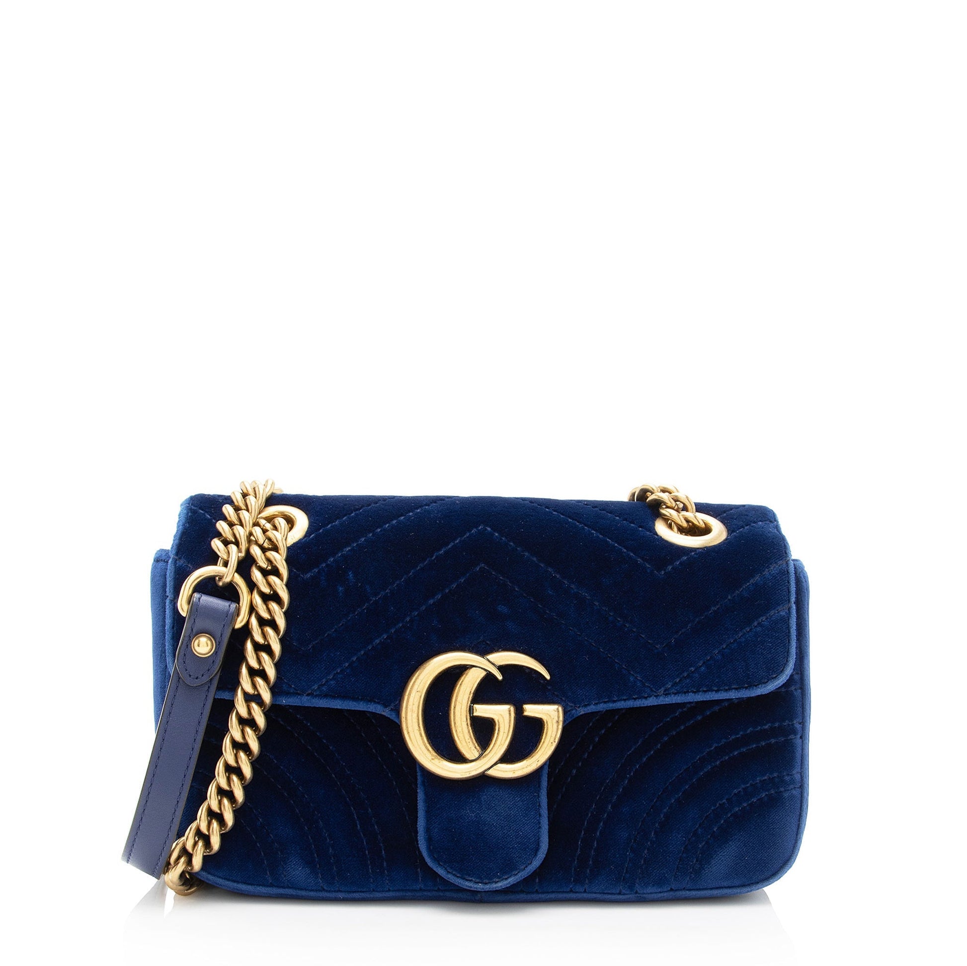 Gucci Velvet GG Marmont Flap SHF-PWuxDi Matelasse Leather Blue Mini Crossbody Bag