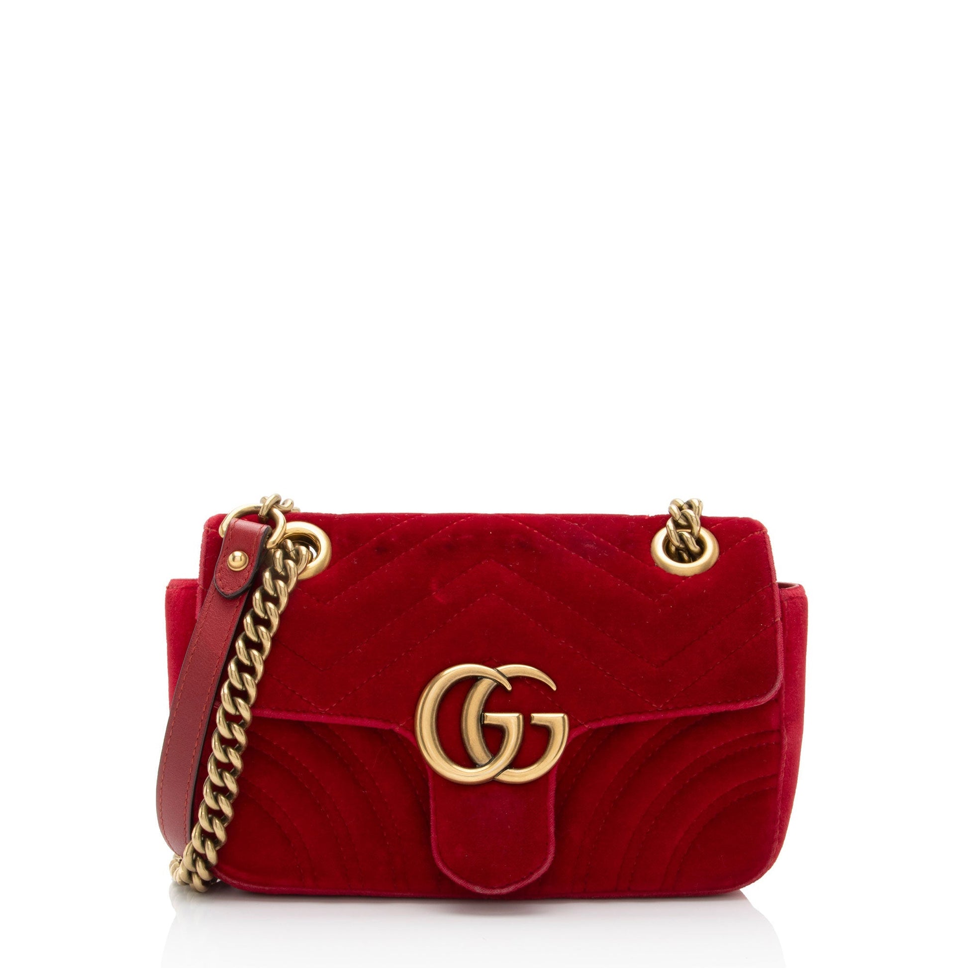 Gucci Velvet GG Marmont Flap SHF-RvBmGH Matelasse Leather Red Mini Crossbody Bag