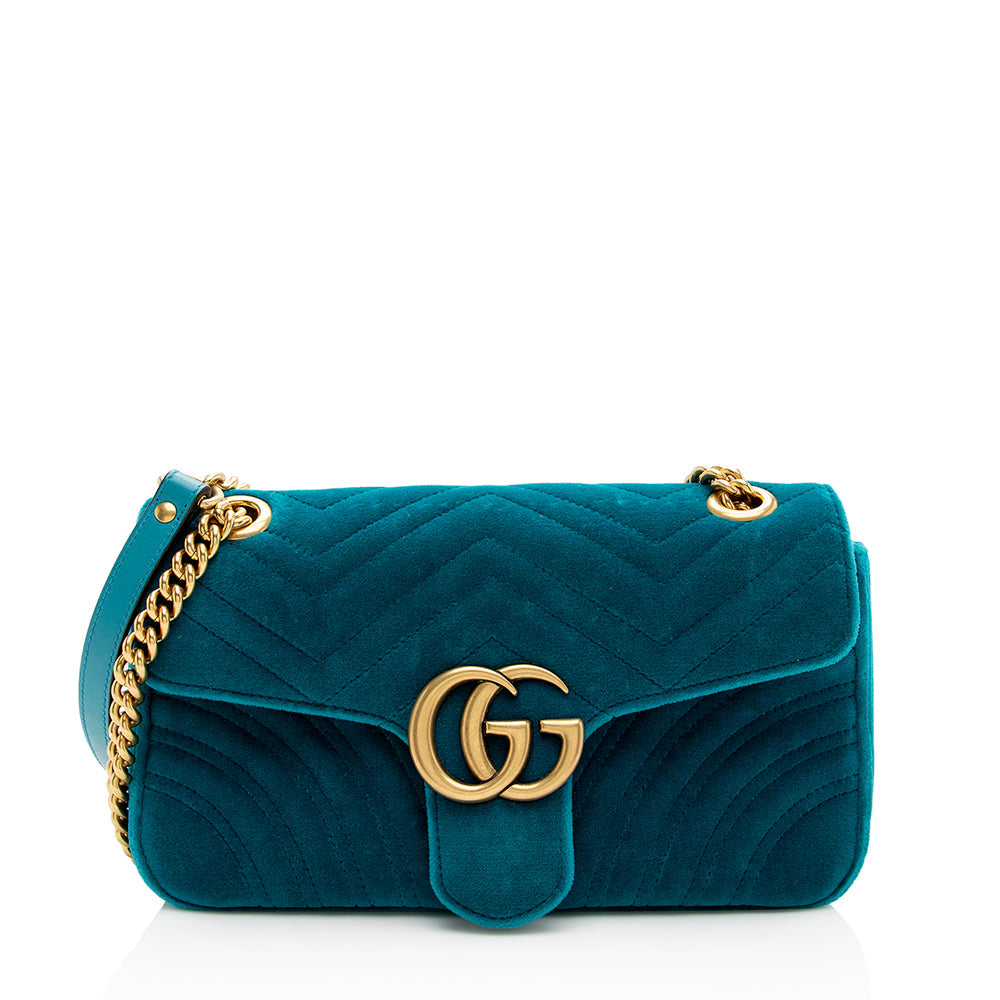 Gucci Velvet GG Marmont SHF Matelasse Leather Blue Small Crossbody Bag