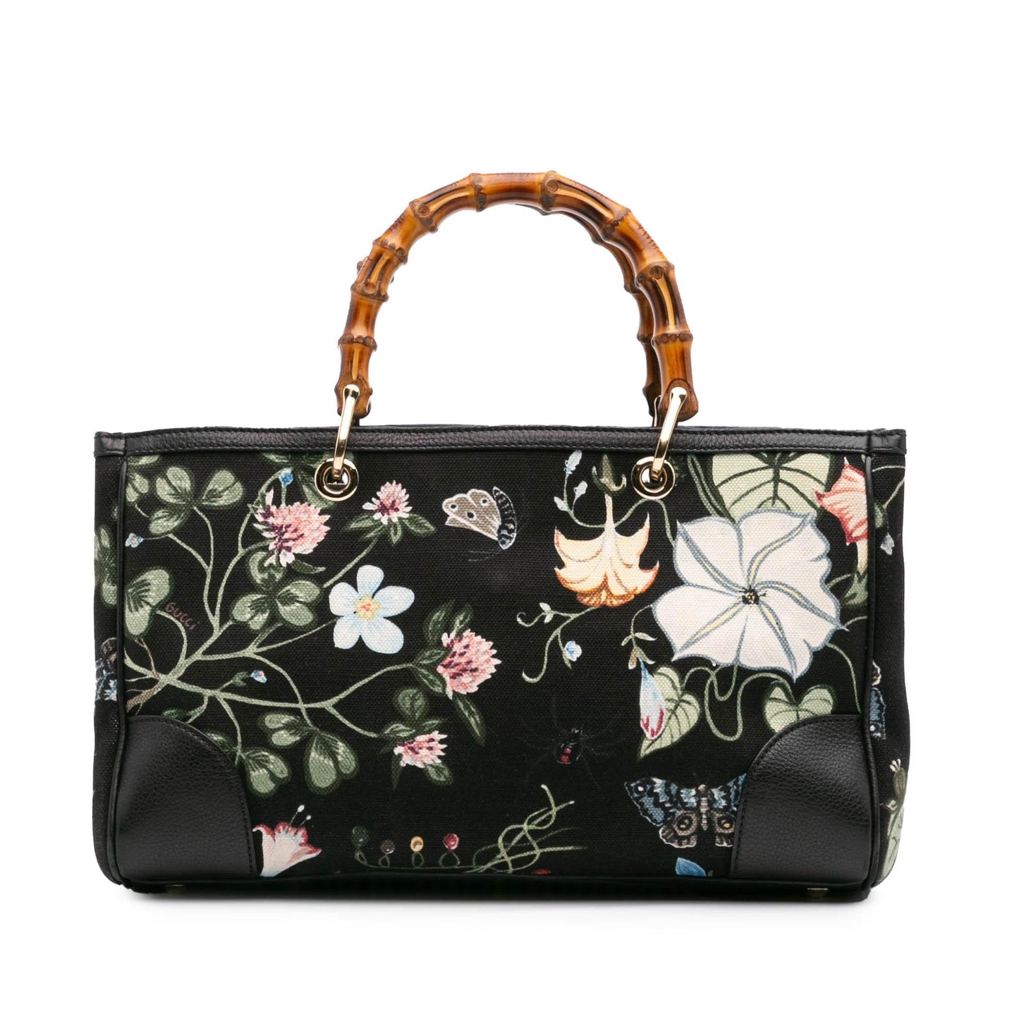 Gucci Bamboo Shopper Flora Knight Canvas Calf Black Medium Satchel Bag