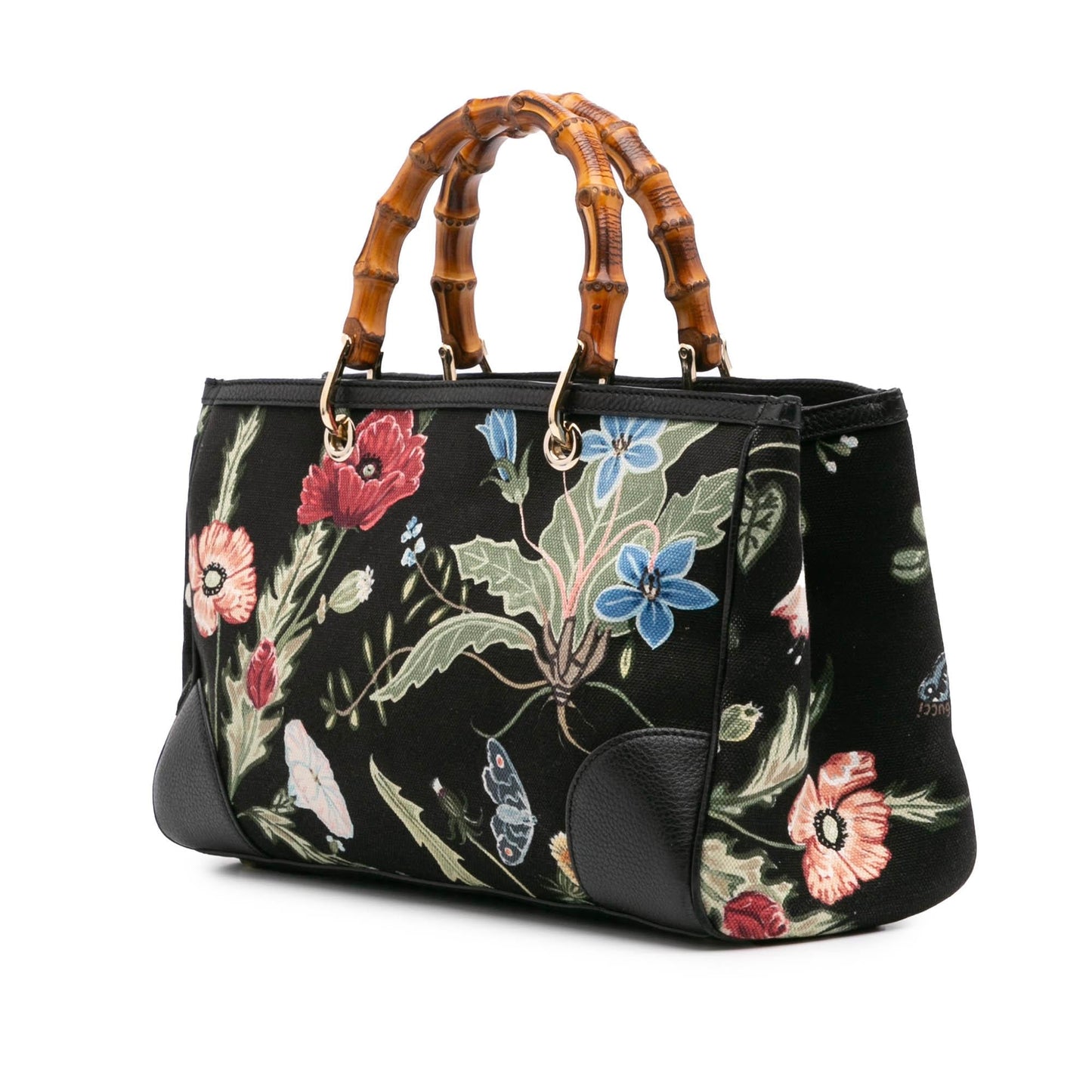 Gucci Bamboo Shopper Flora Knight Canvas Calf Black Medium Satchel Bag