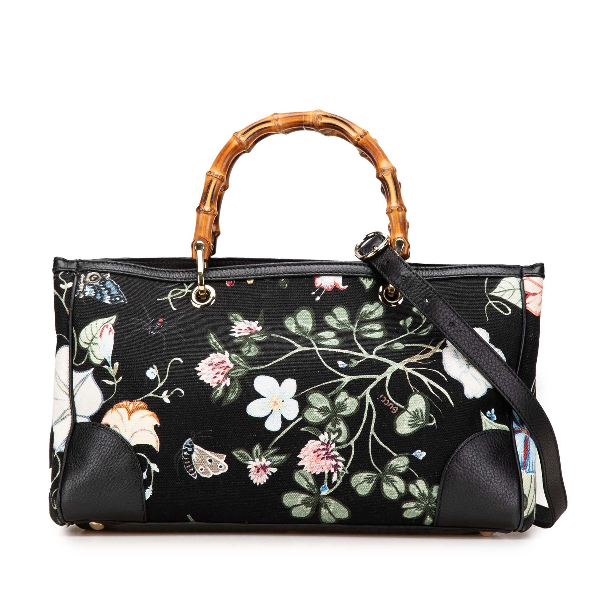 Gucci Bamboo Shopper Flora Knight Canvas Black Medium Satchel Bag