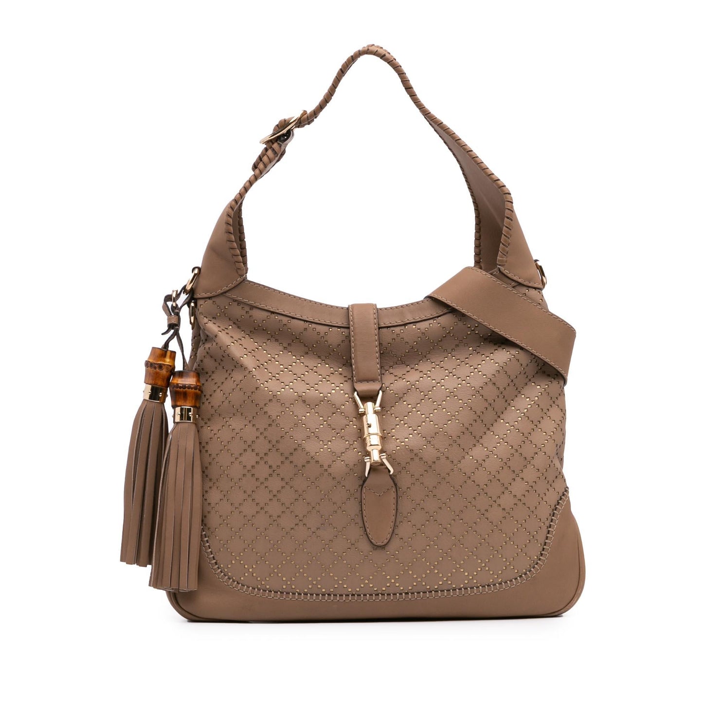 Gucci Diamante Perforated New Jackie Calf Calfskin Brown Medium Satchel Bag
