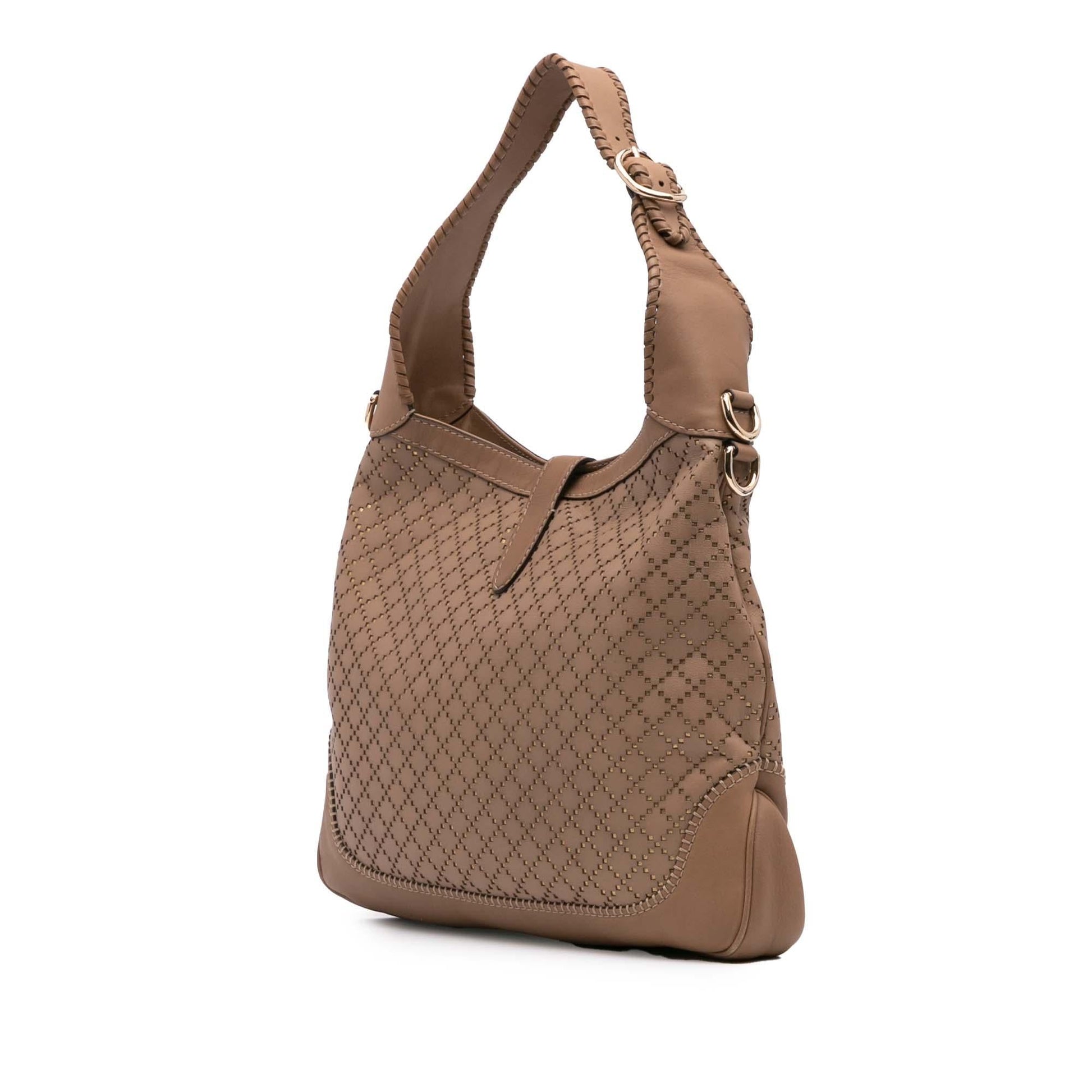 Gucci Diamante Perforated New Jackie Calf Calfskin Brown Medium Satchel Bag