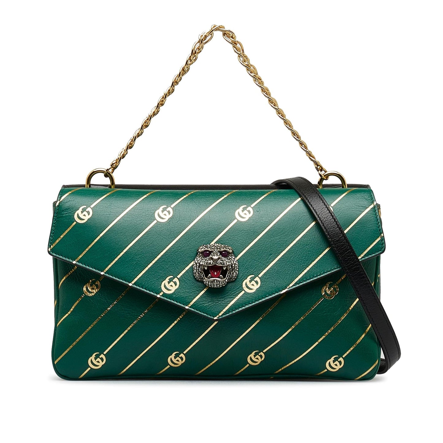 Gucci Double Thiara SHG-F7z4gZ Calf Black Green Medium Satchel Bag