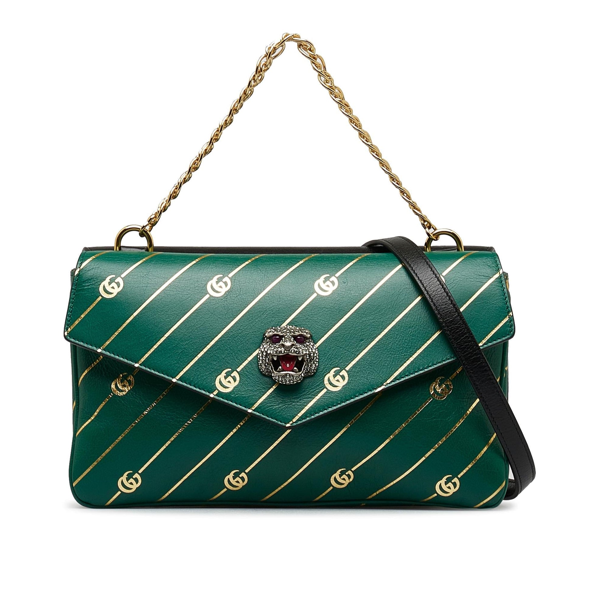 Gucci Double Thiara SHG-F7z4gZ Calf Black Green Medium Satchel Bag