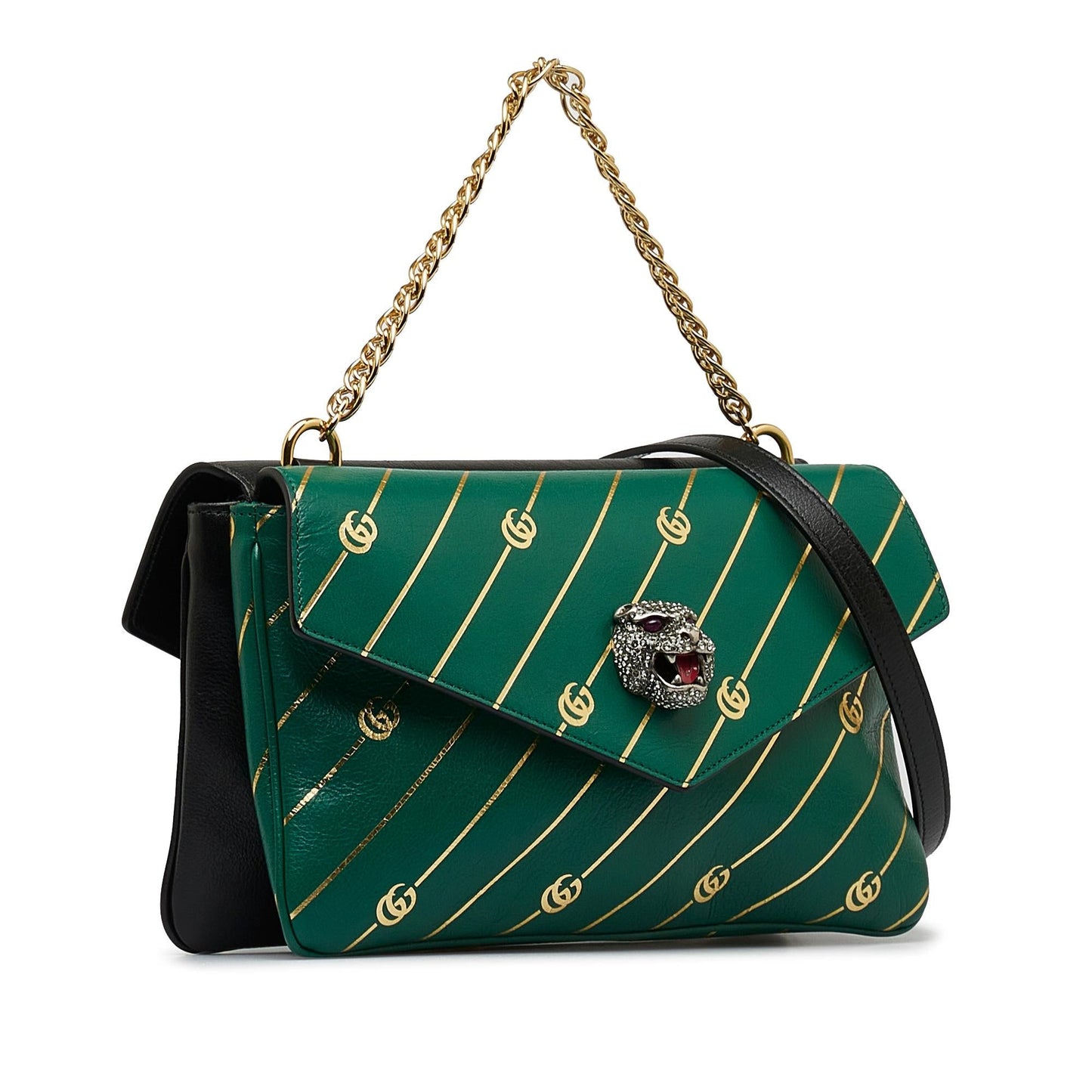 Gucci Double Thiara SHG-F7z4gZ Calf Black Green Medium Satchel Bag
