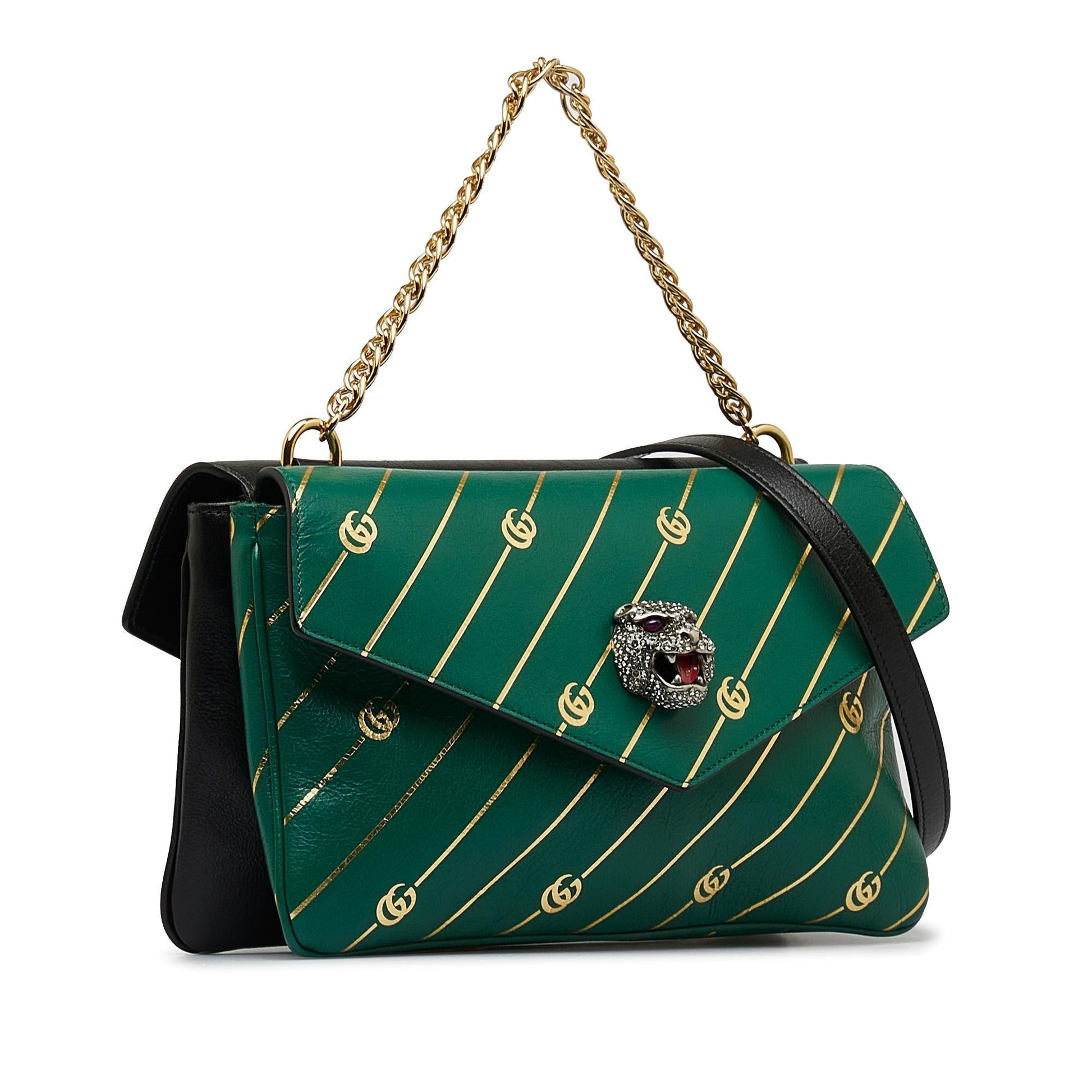 Gucci Double Thiara SHG-F7z4gZ Calf Black Green Medium Satchel Bag