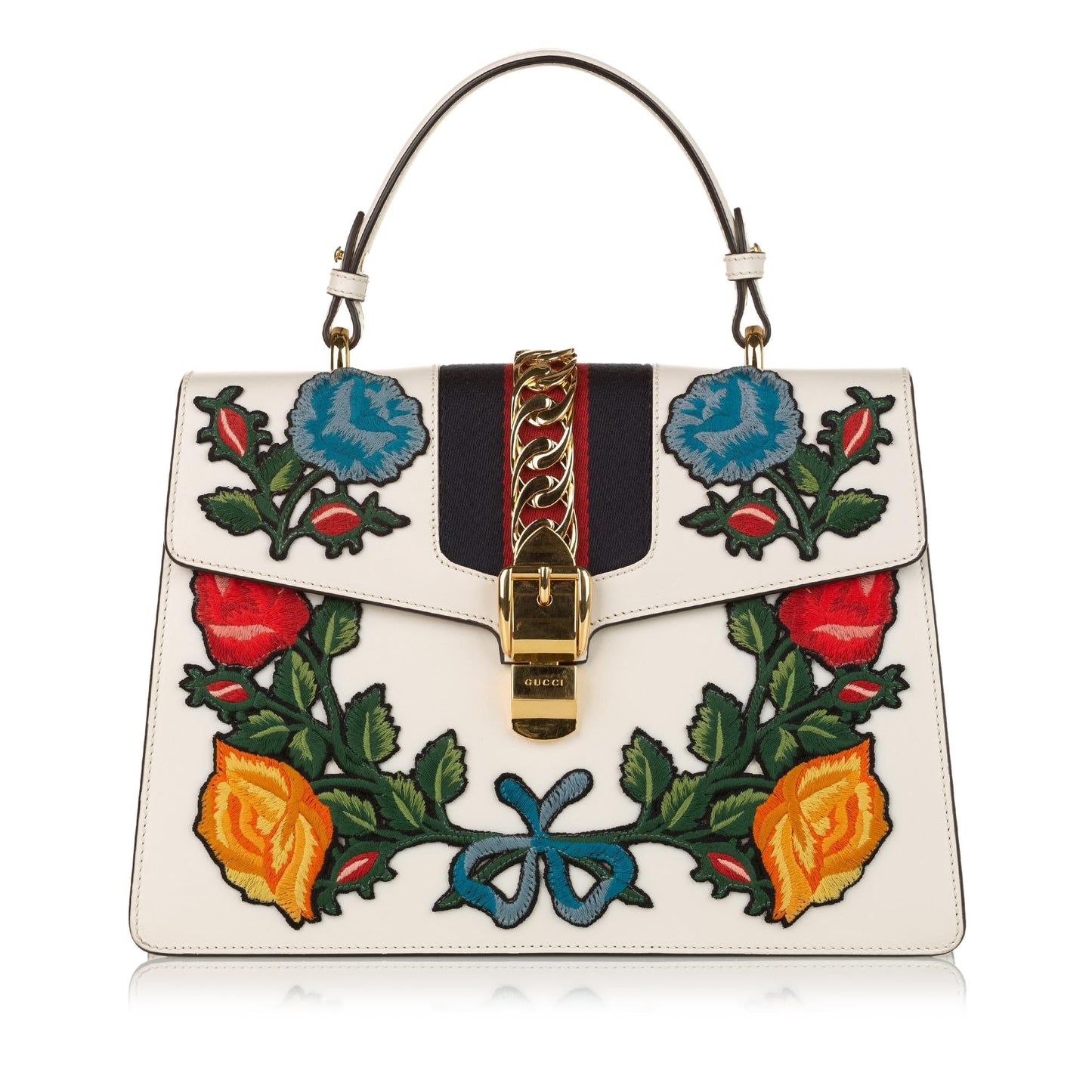 Gucci Embroidered Sylvie SHG Leather Calf White Medium Satchel Bag