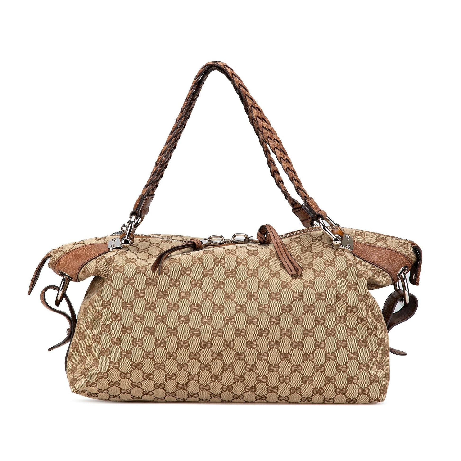 Gucci GG Bamboo Bar Canvas Calf Brown Medium Tote Bag