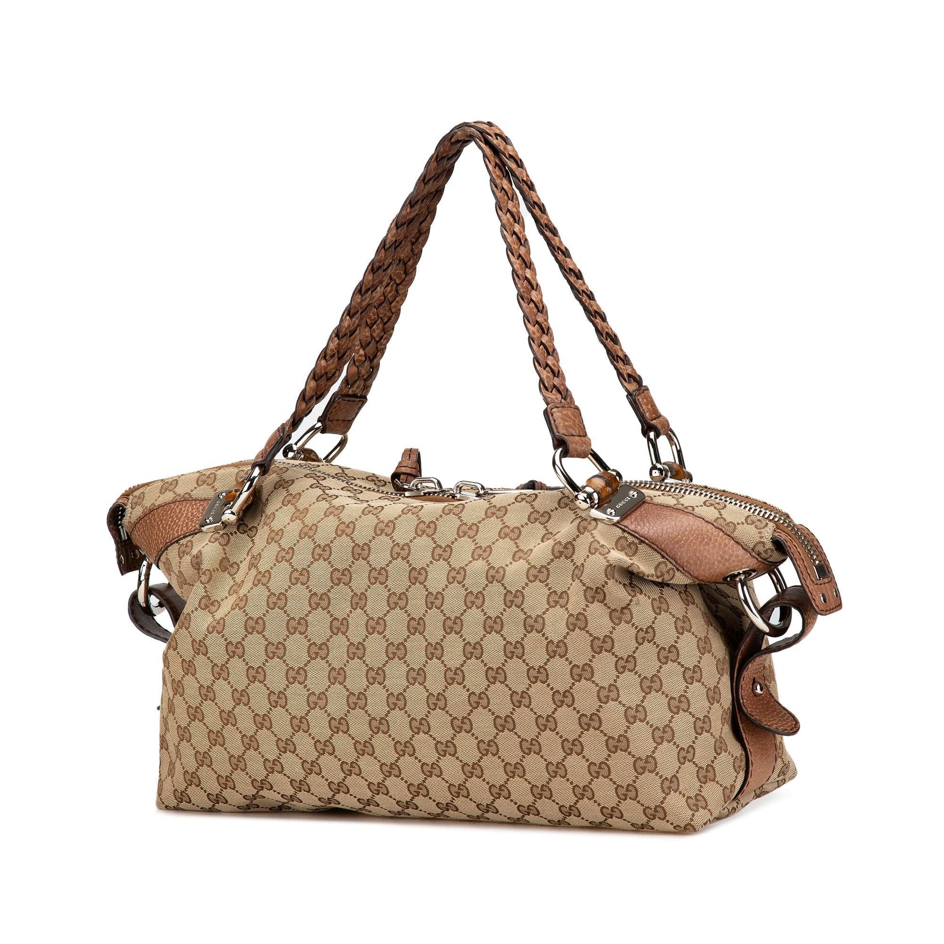Gucci GG Bamboo Bar Canvas Calf Brown Medium Tote Bag