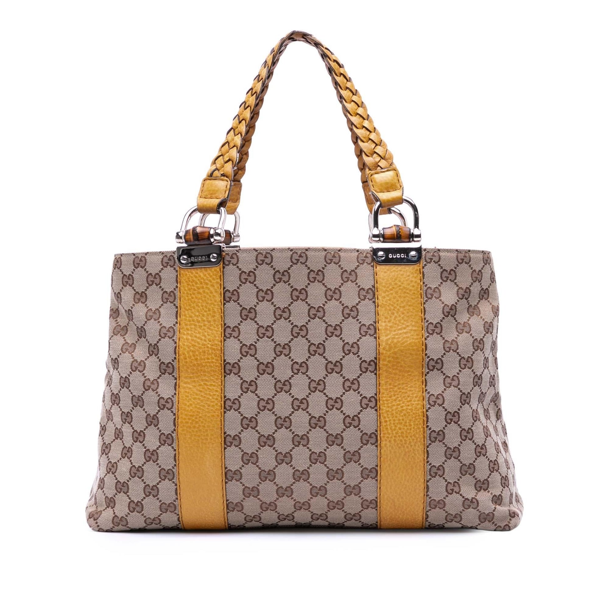 Gucci GG Bamboo Libeccio Canvas Calf Brown Medium Tote Bag