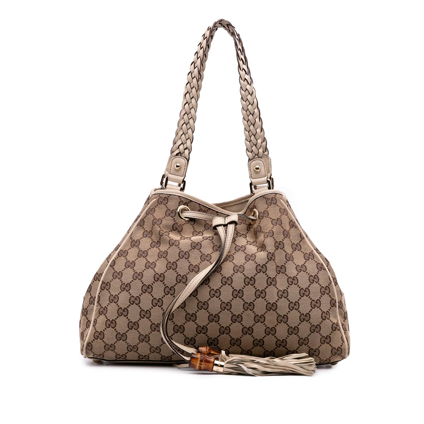 Gucci GG Braided Peggy Canvas Calf White Brown Tote Bag