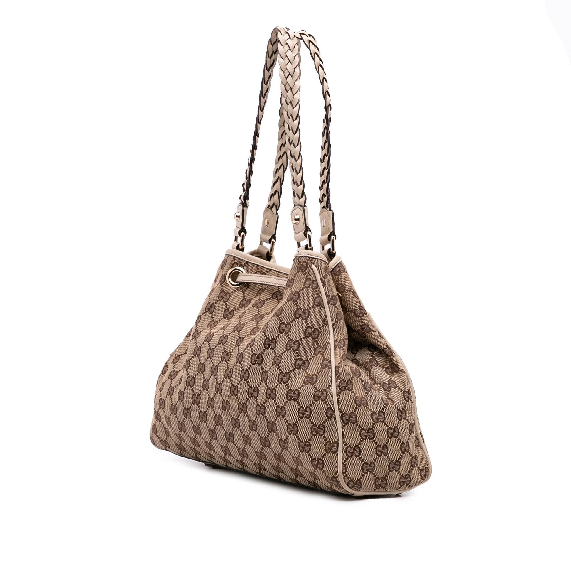 Gucci GG Braided Peggy Canvas Calf White Brown Tote Bag