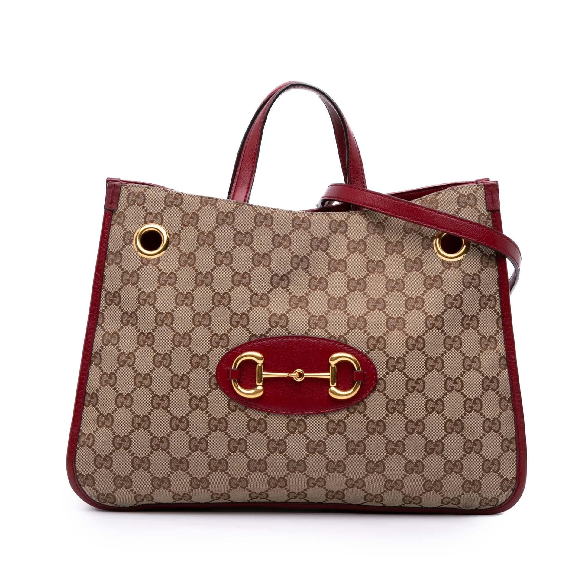 Gucci GG Horsebit Chain Canvas Calf Brown Red Tote Bag