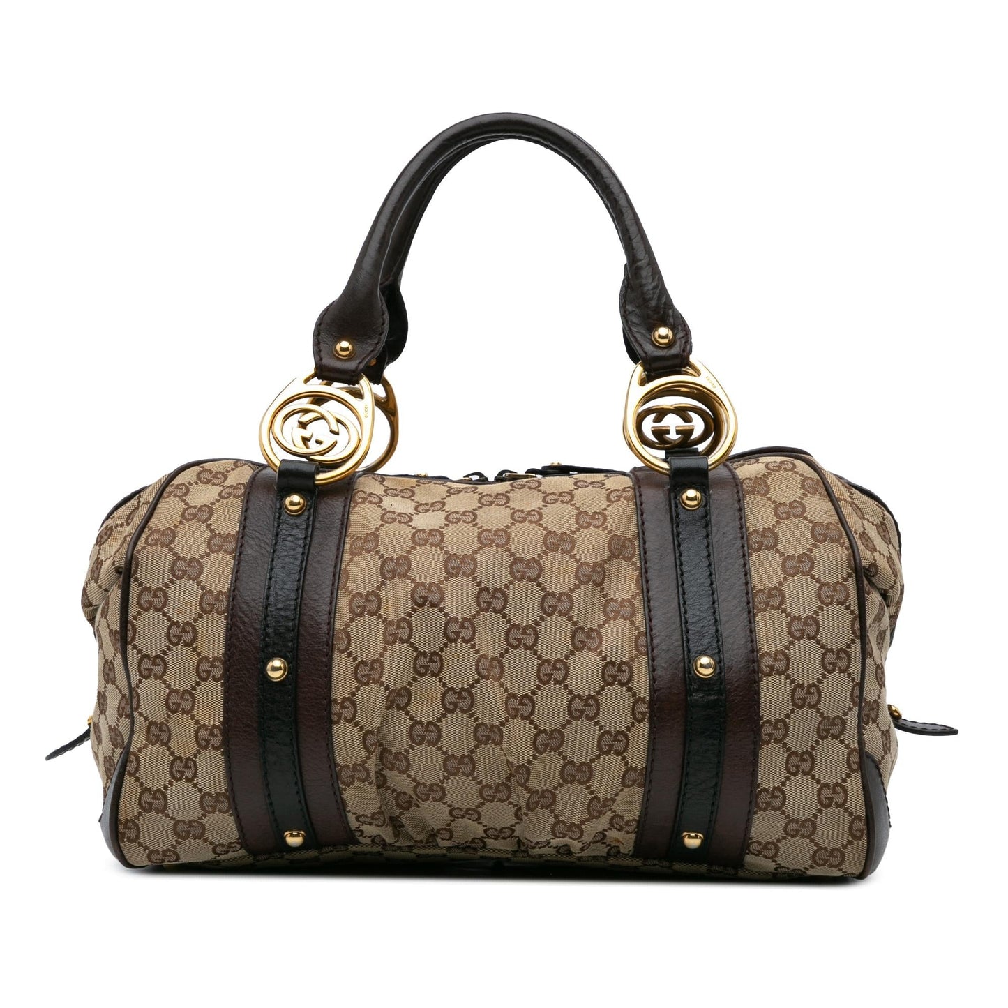 Gucci GG Interlocking G Boston Canvas Calf Brown Medium Satchel Bag