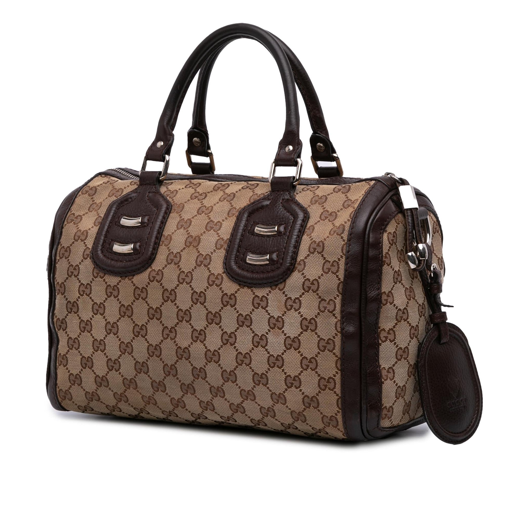 Gucci GG Techno Tag Boston Canvas Brown Medium Satchel Bag