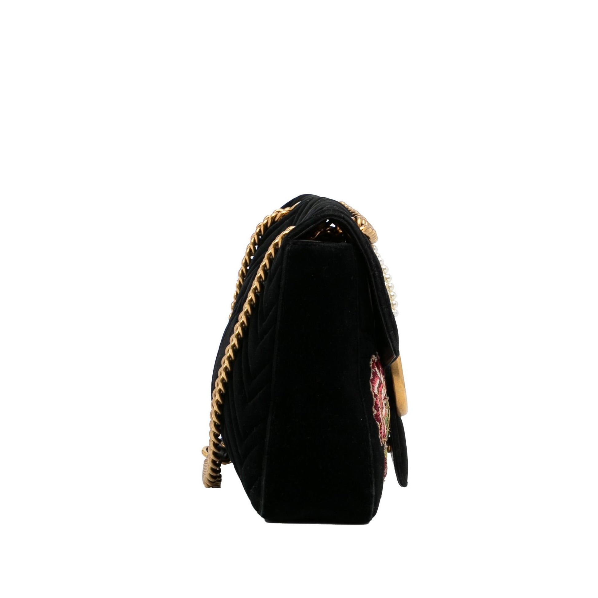 Gucci GG Marmont Embroidered Velvet SHG-70m7Yt Matelasse Black Medium Crossbody Bag