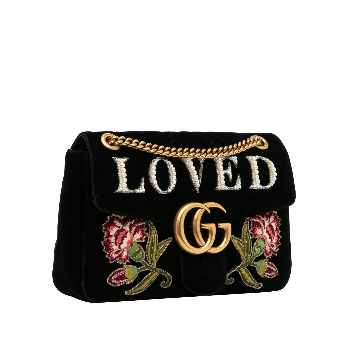 Gucci GG Marmont Embroidered Velvet SHG-70m7Yt Matelasse Black Medium Crossbody Bag