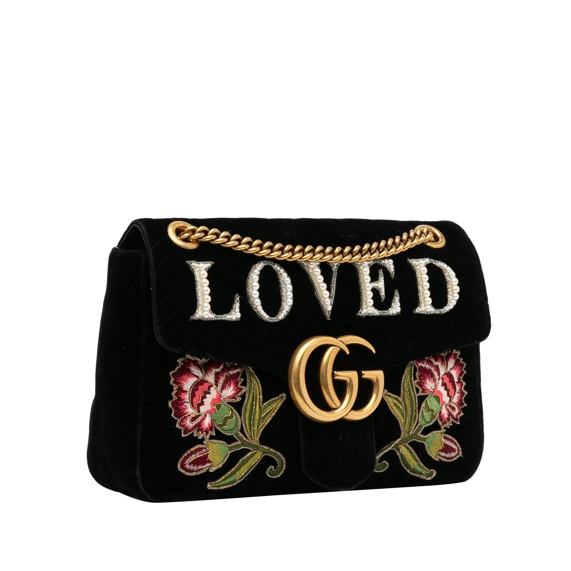 Gucci GG Marmont Embroidered Velvet SHG-70m7Yt Matelasse Black Medium Crossbody Bag
