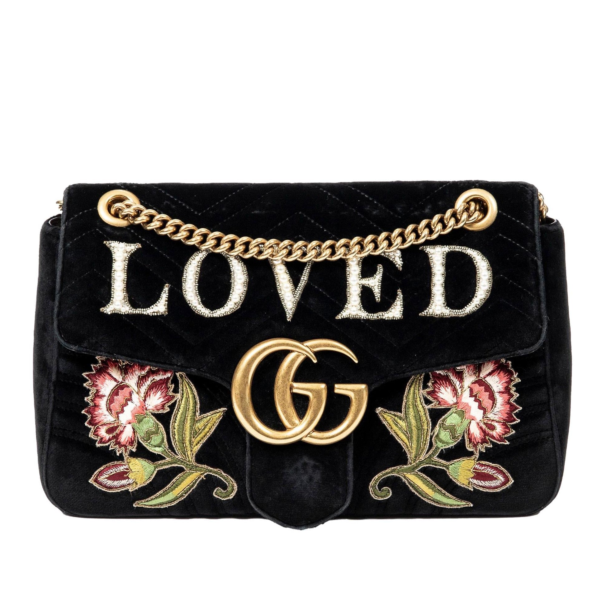 Gucci GG Marmont Embroidered Velvet SHG-0BOHzd Matelasse Black Medium Crossbody Bag