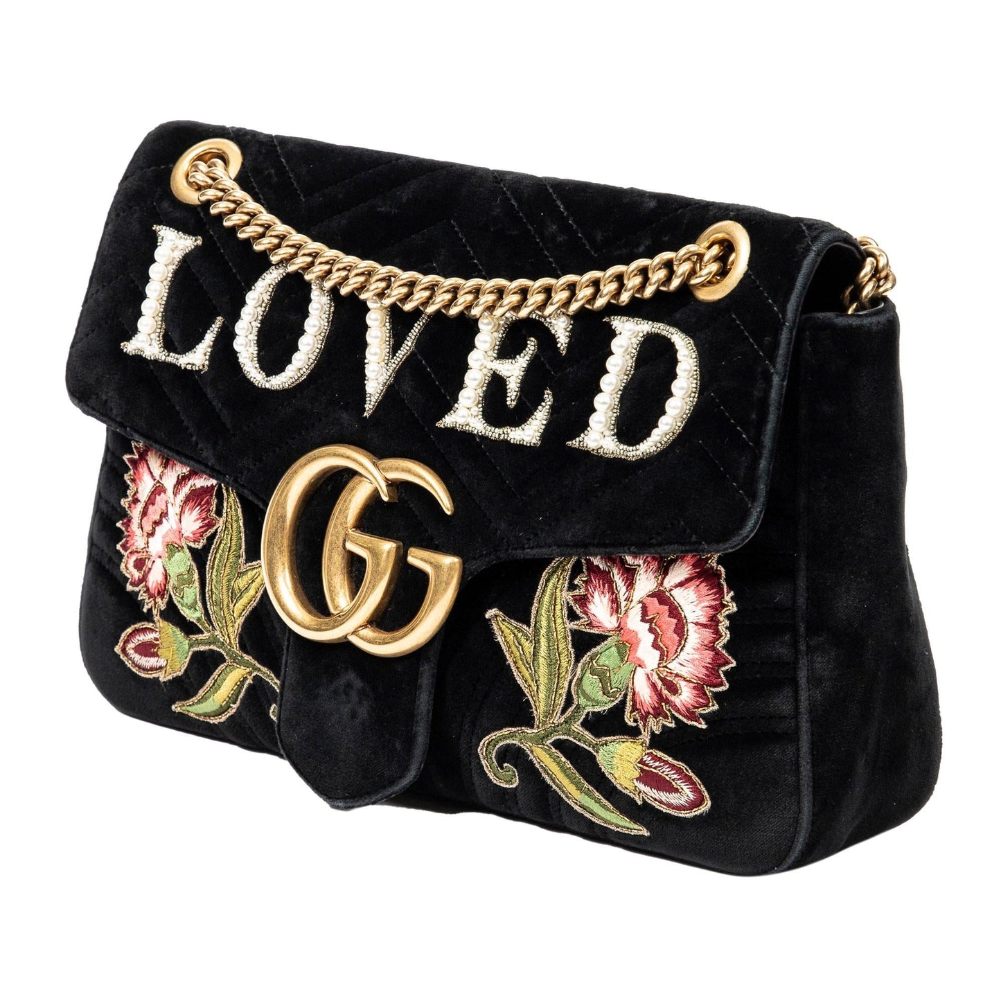 Gucci GG Marmont Embroidered Velvet SHG-0BOHzd Matelasse Black Medium Crossbody Bag