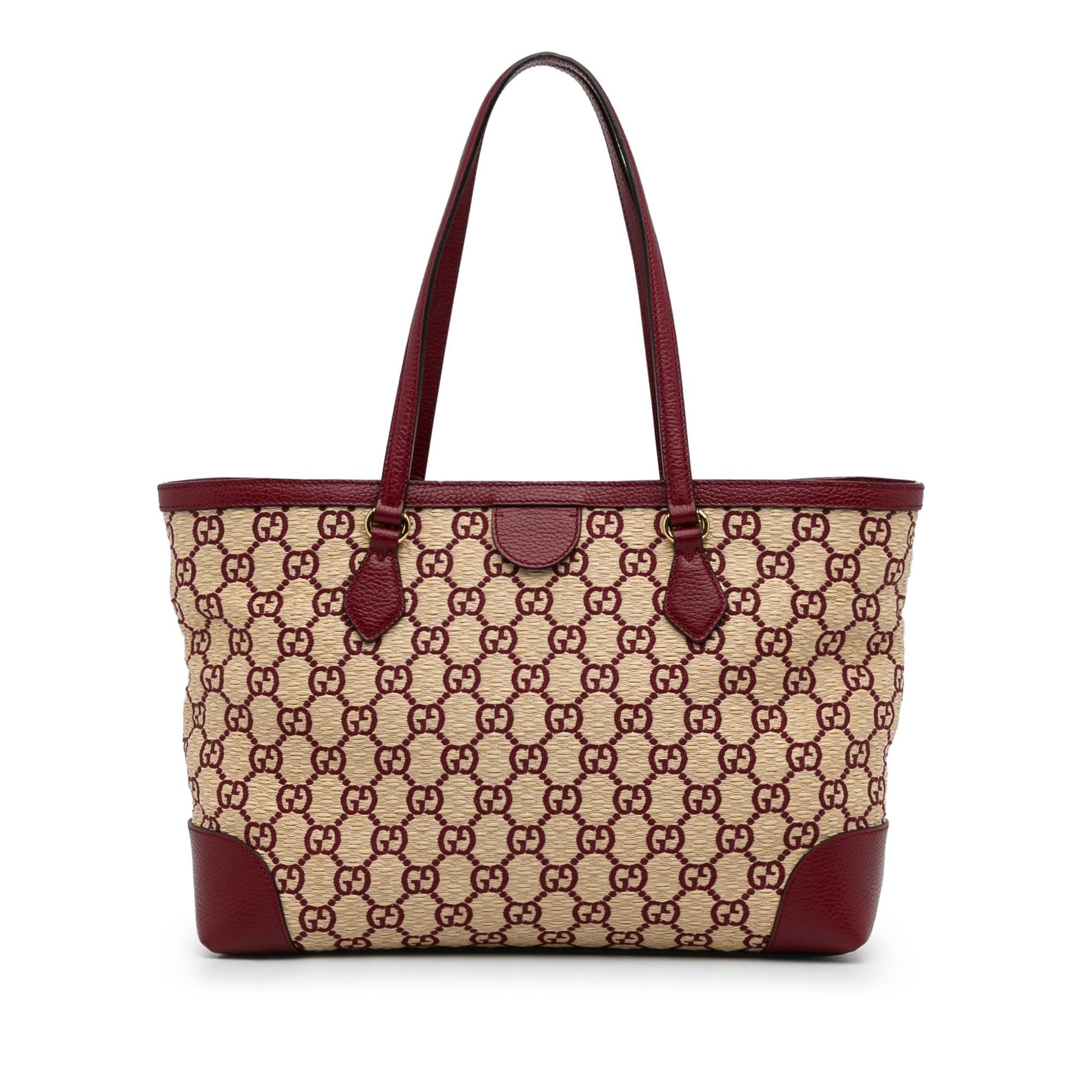 Gucci GG Straw Ophidia Shopping SHG-sqj0kR Calf Brown Red Medium Tote Bag