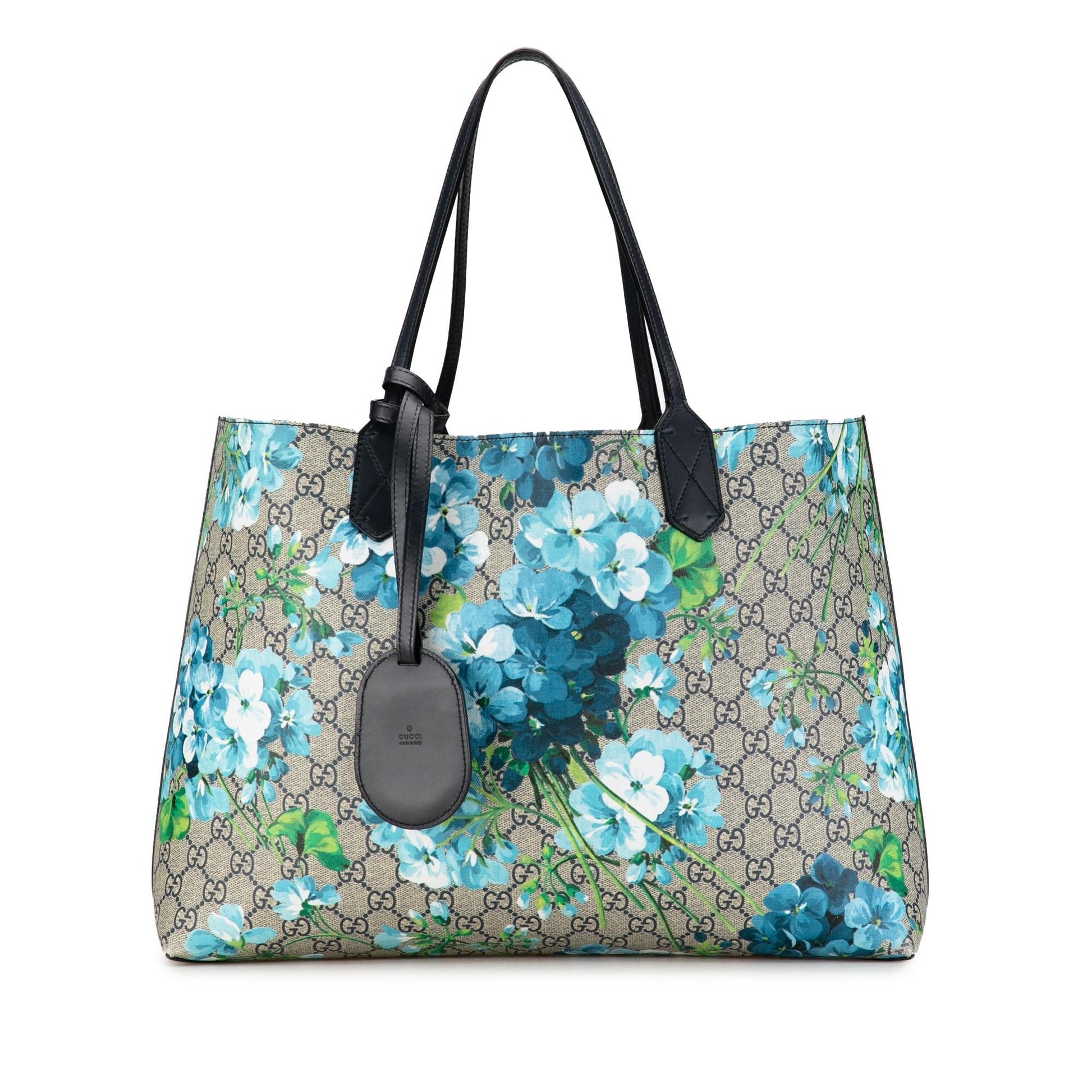 Gucci GG Supreme Blooms Reversible SHG-AKgryd Canvas Calf Brown Blue Tote Bag