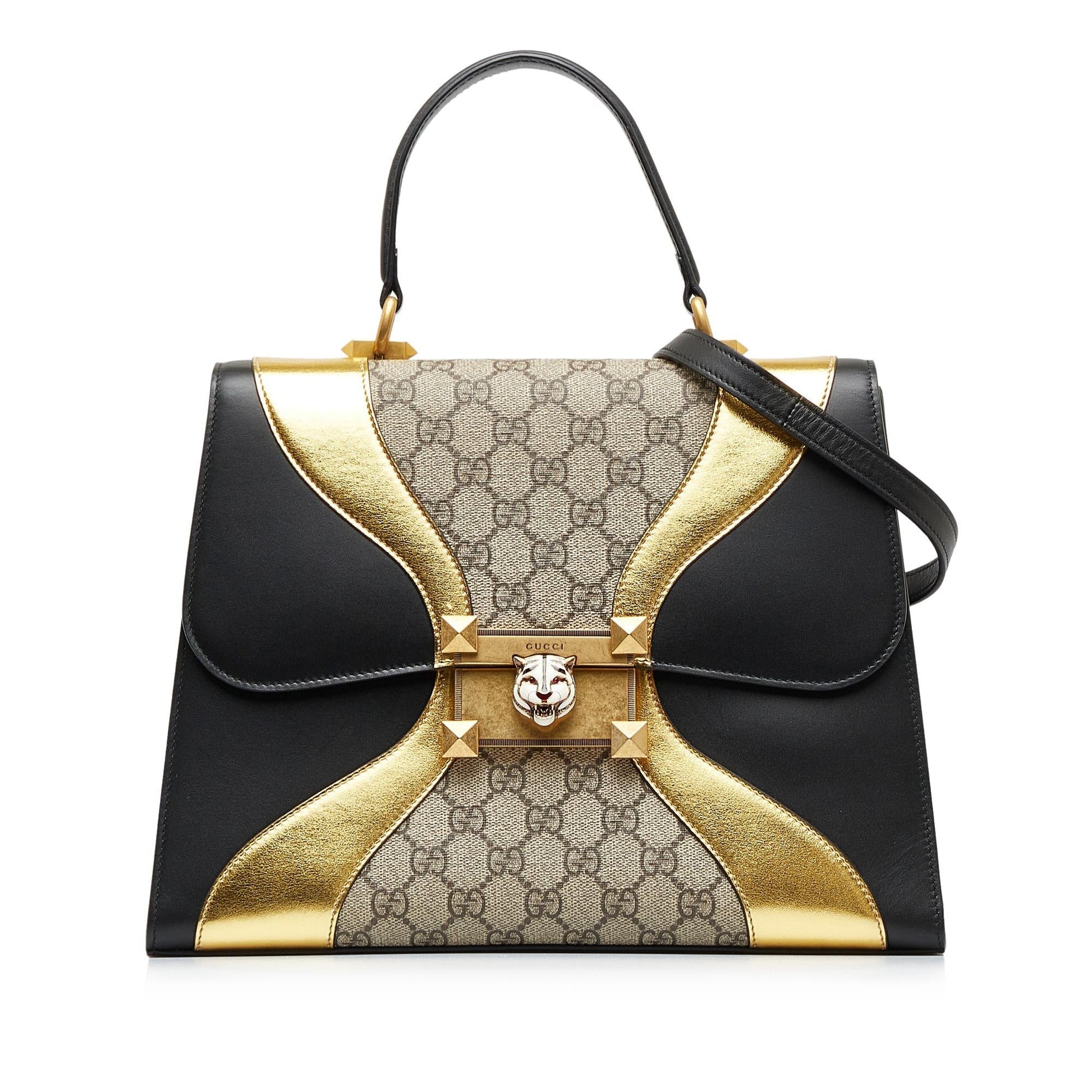 Gucci GG Supreme Osiride Top Handle Canvas Calf Black Brown Satchel Bag