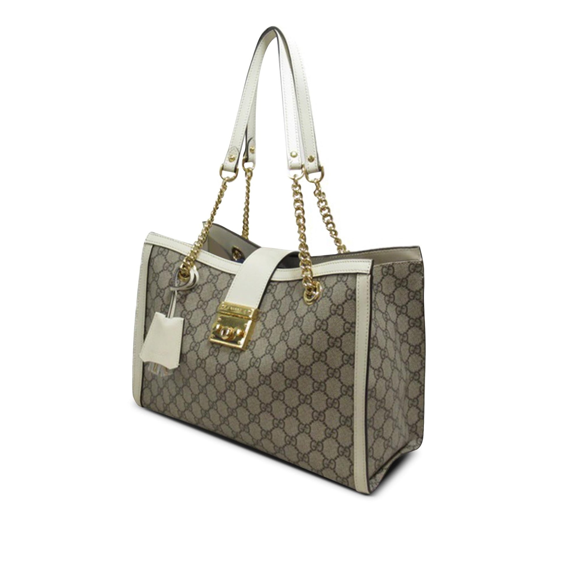 Gucci GG Supreme Padlock SHG-uagYvF Canvas Calf White Brown Tote Bag