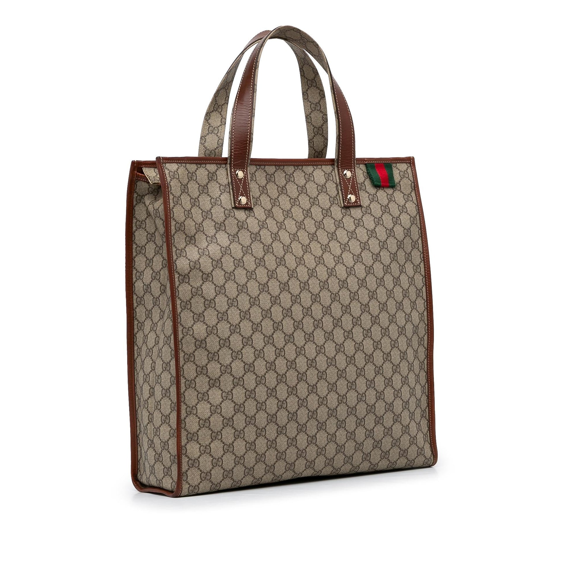 Gucci GG Supreme Web Loop Vertical Canvas Calf Brown Medium Tote Bag