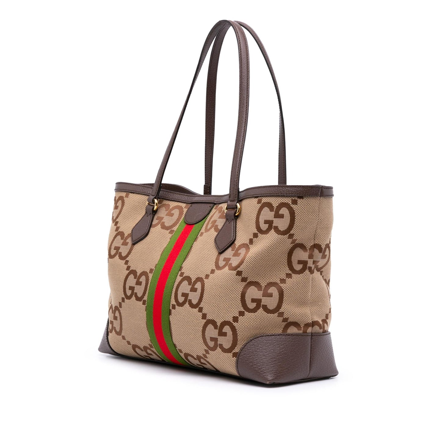 Gucci Jumbo GG Web Ophidia Canvas Calf Brown Medium Tote Bag