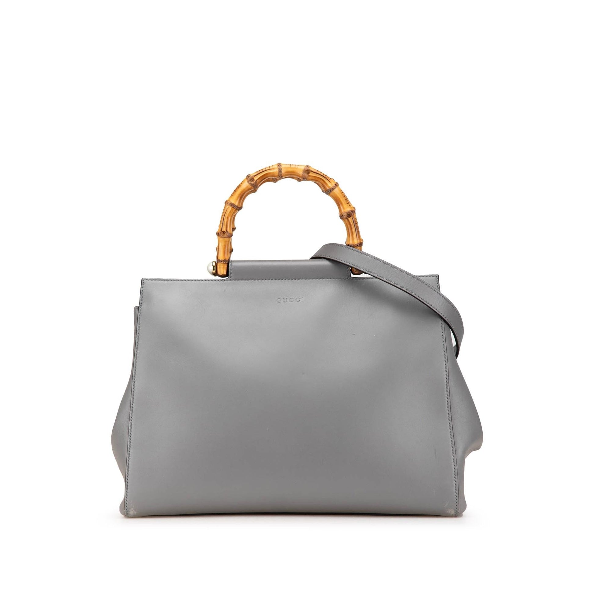 Gucci Bamboo Nymphaea Leather Calf Grey Medium Satchel Bag