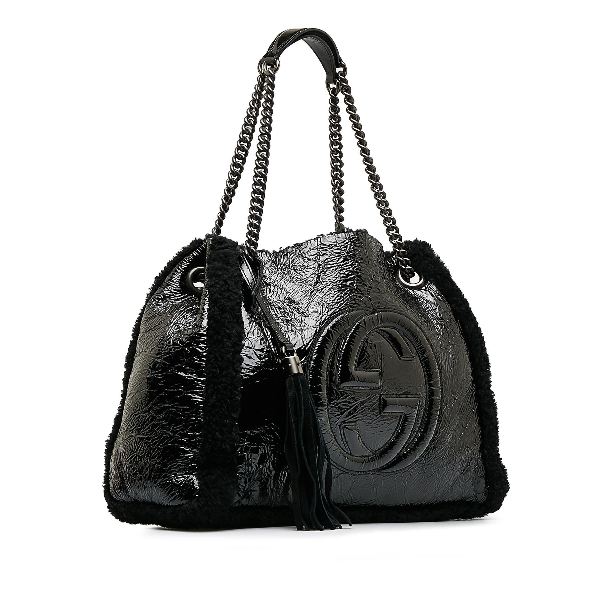 Gucci Shearling Soho Chain SHG-dATtOX Leather Patent Black Medium Tote Bag