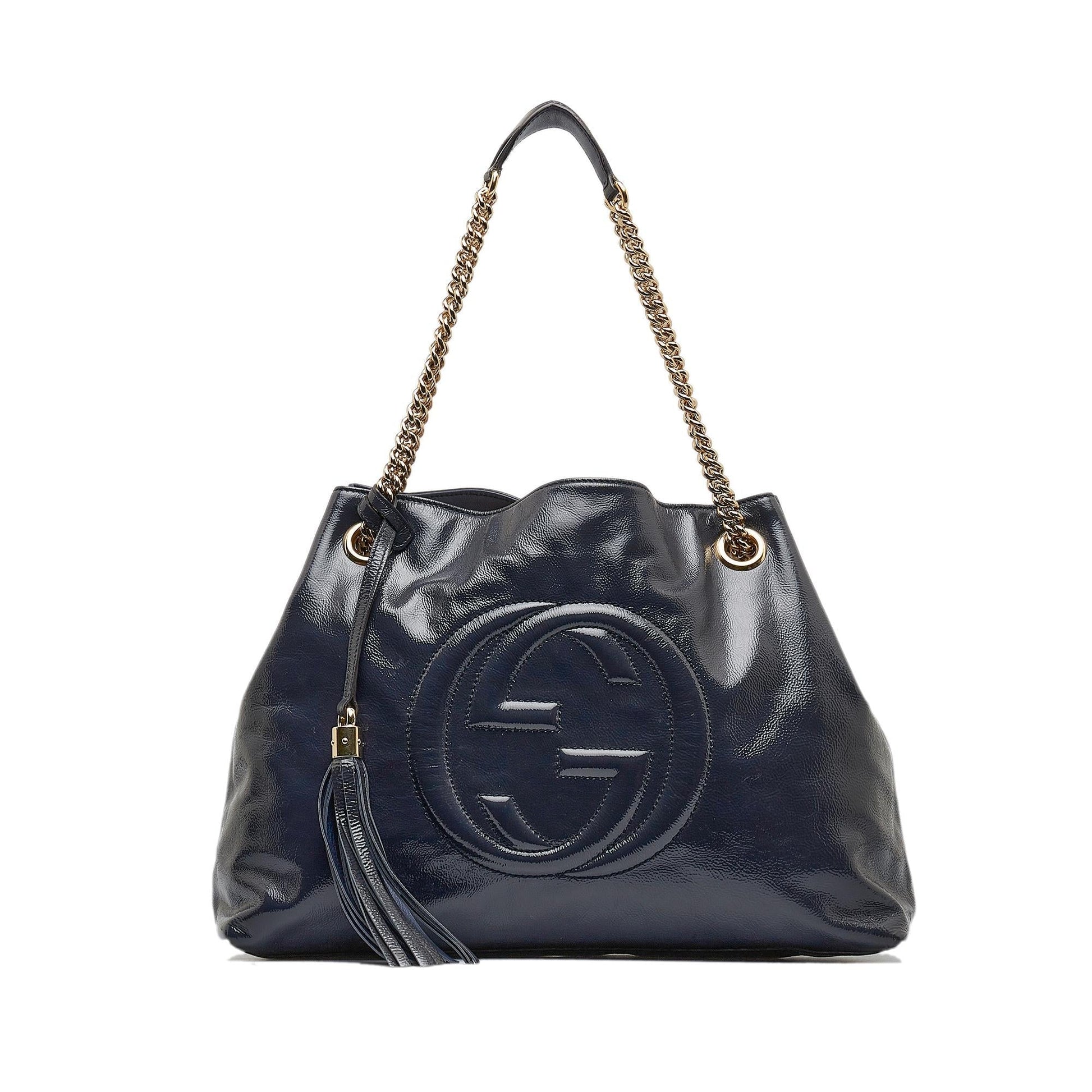 Gucci Soho Chain SHG-ln0QMk Leather Patent Blue Medium Tote Bag