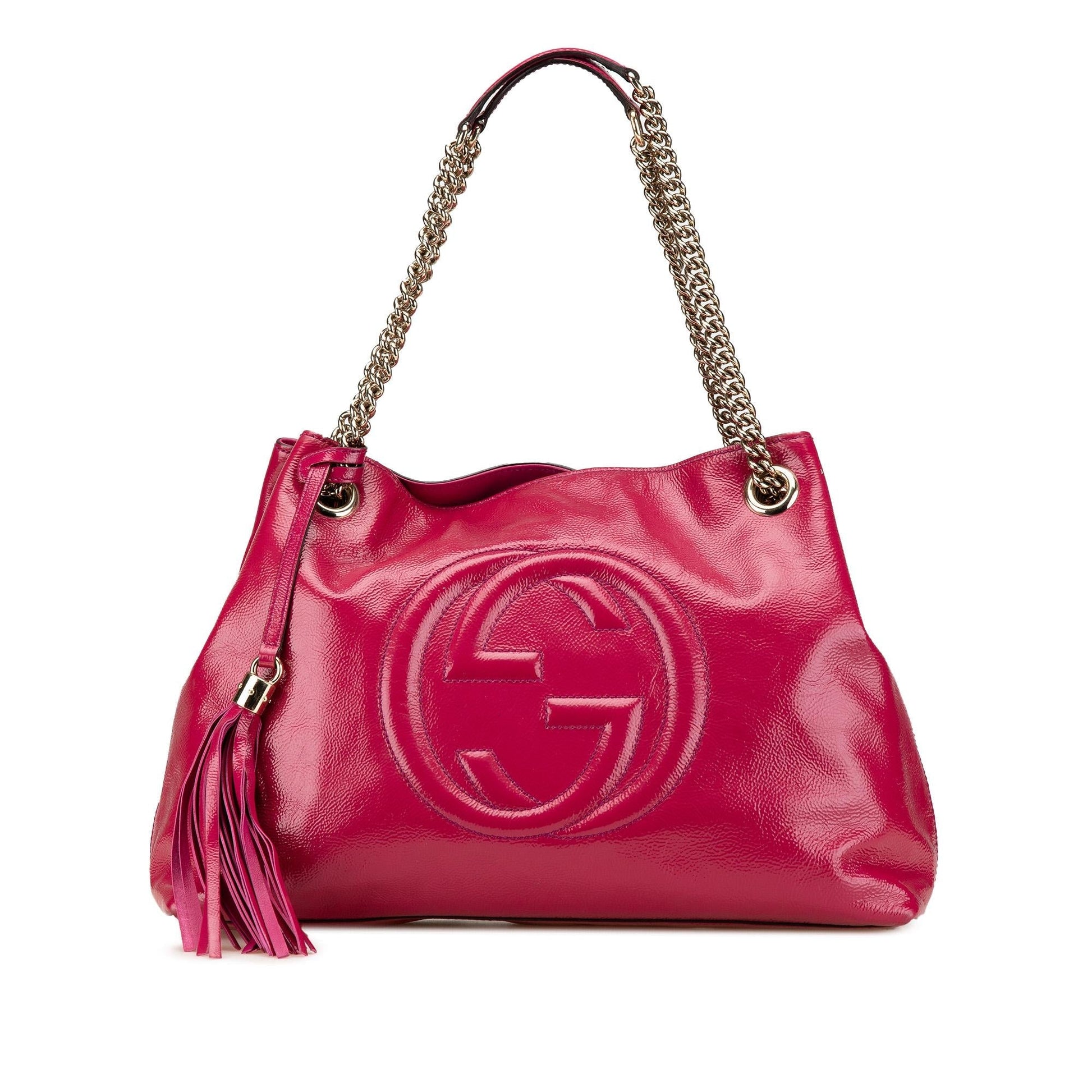 Gucci Soho Chain Leather Patent Pink Medium Tote Bag Chain Tote