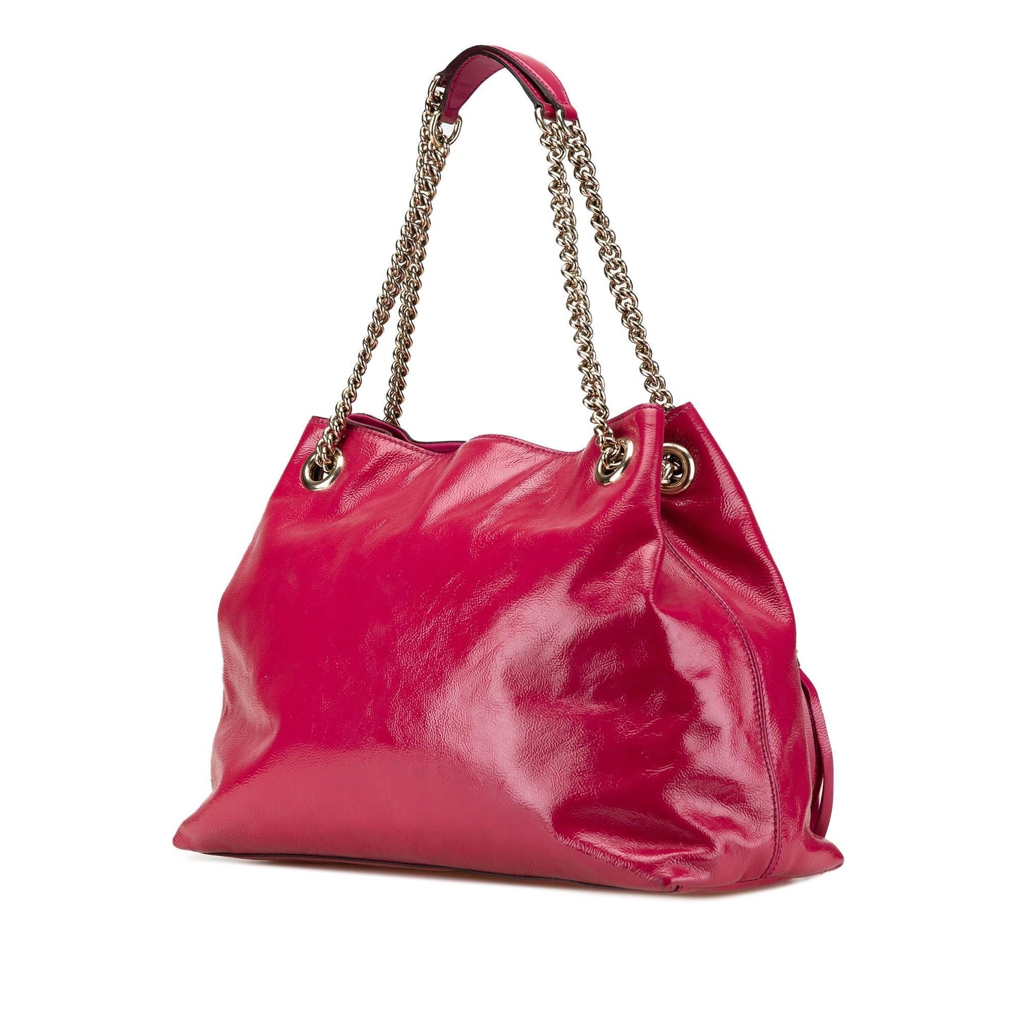 Gucci Soho Chain Leather Patent Pink Medium Tote Bag Chain Tote