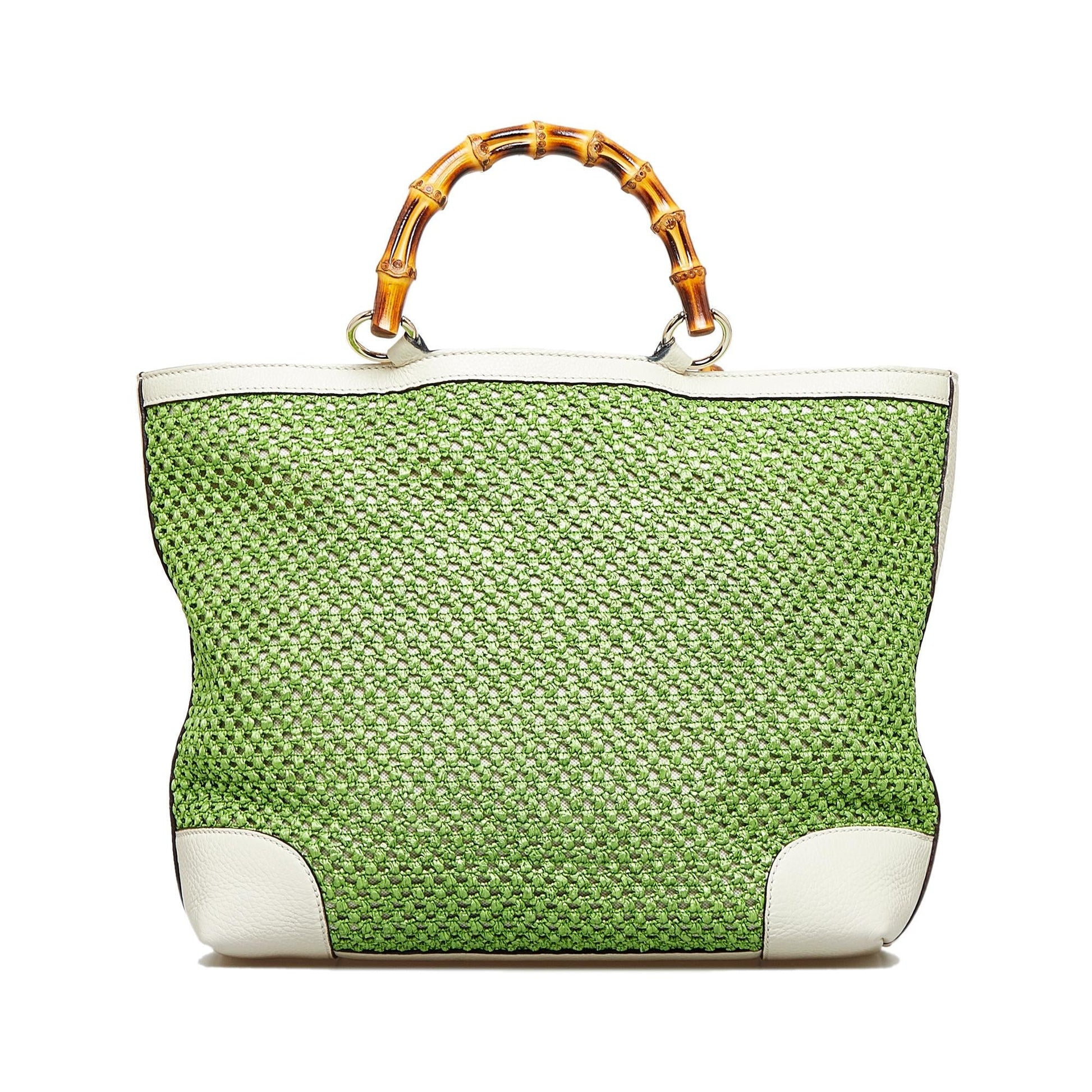 Gucci Bamboo Shopper SHG-Po0R3i Raffia Calf White Green Tote Bag