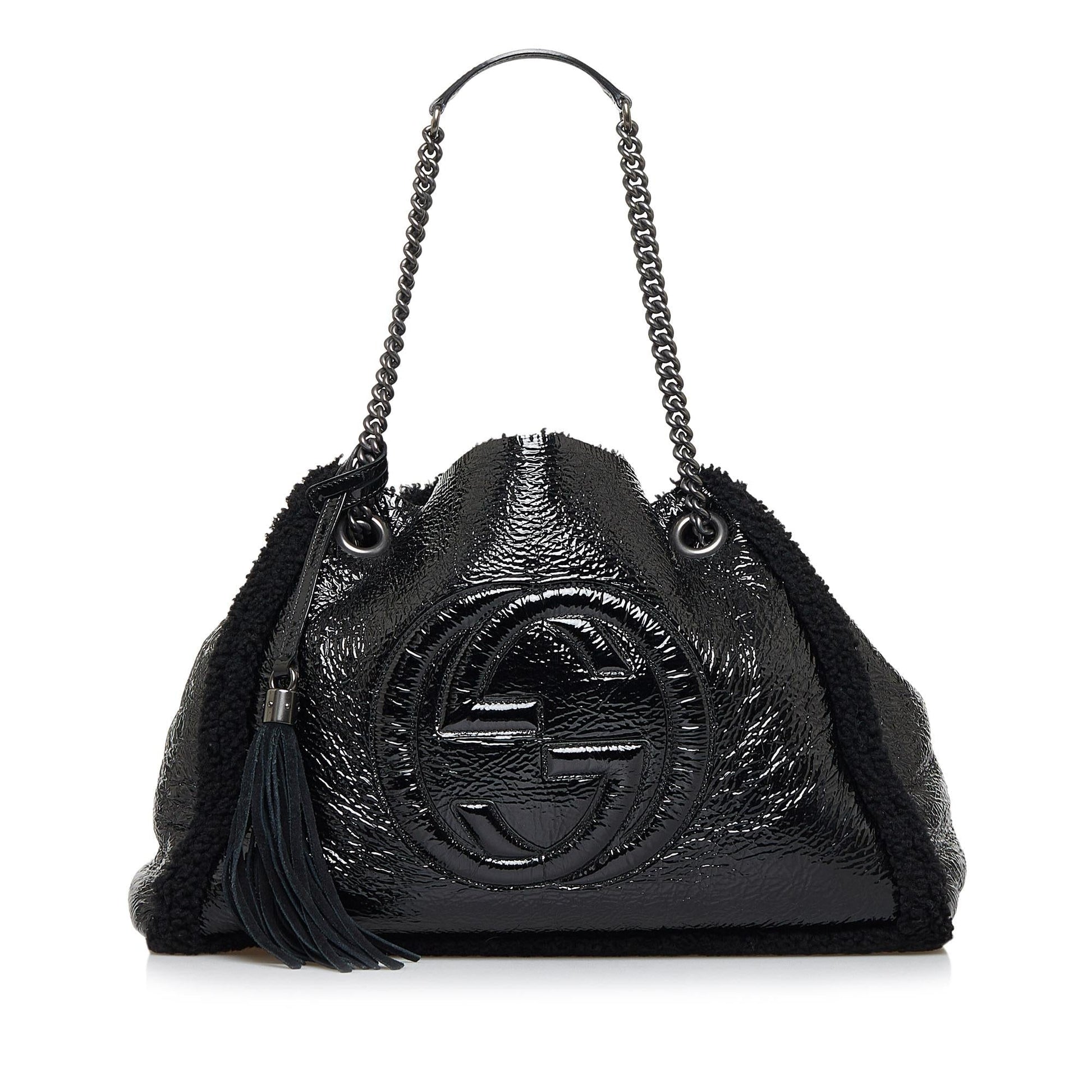 Gucci Shearling Soho SHG-UHtKPg Leather Patent Black Medium Tote Bag