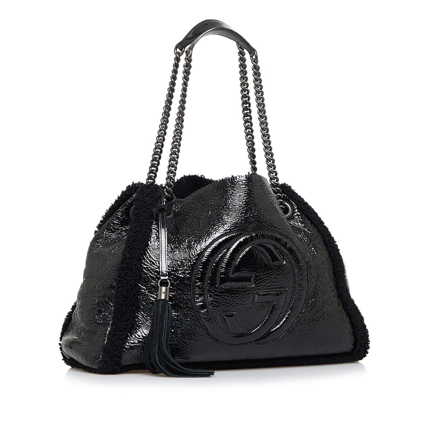 Gucci Shearling Soho SHG-UHtKPg Leather Patent Black Medium Tote Bag