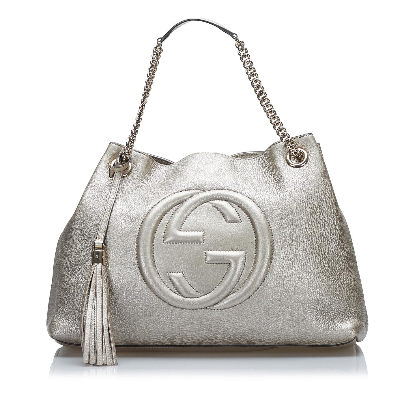 Gucci Soho SHG-F7uOCC Calf Silver Medium Chain Tote Bag