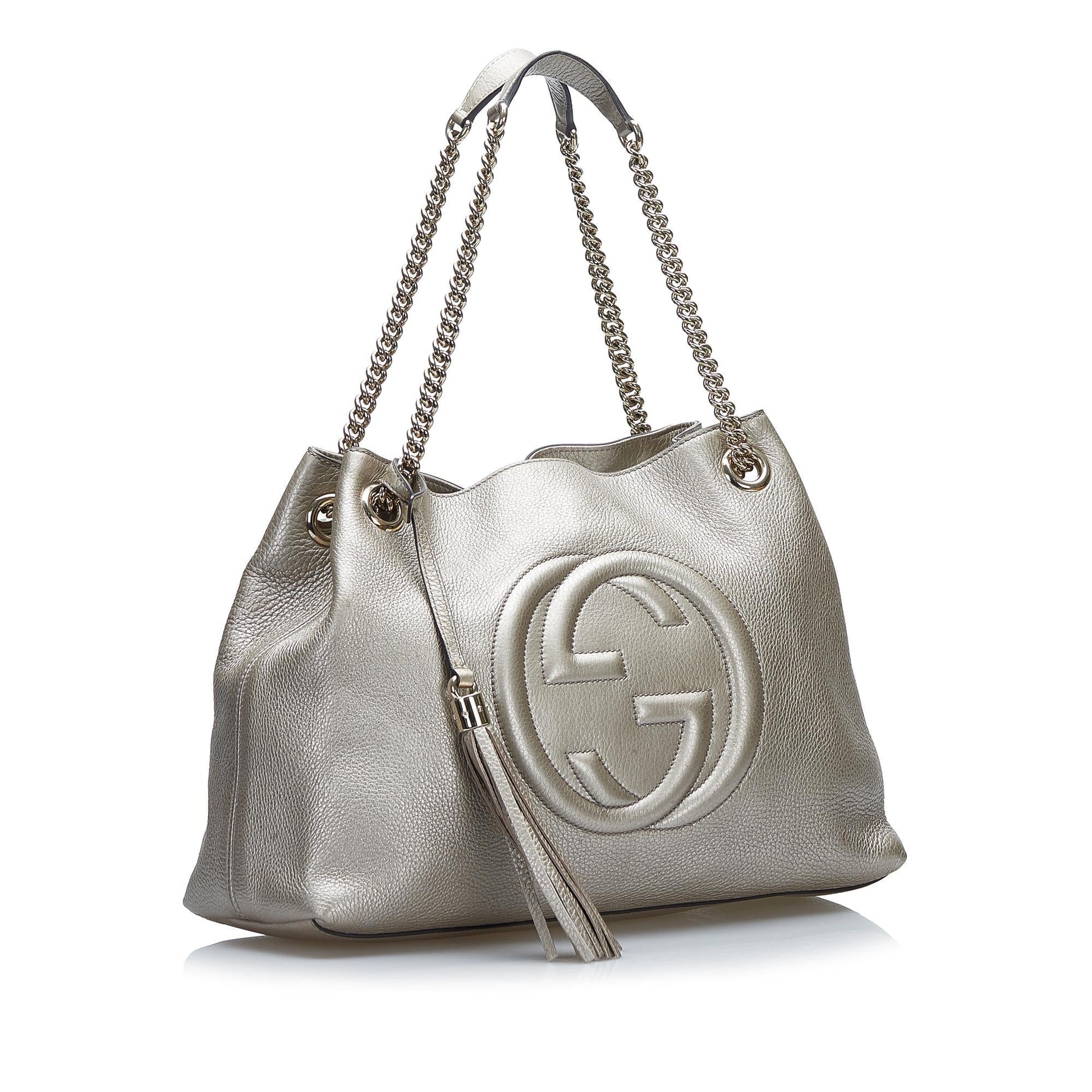 Gucci Soho SHG-F7uOCC Calf Silver Medium Chain Tote Bag